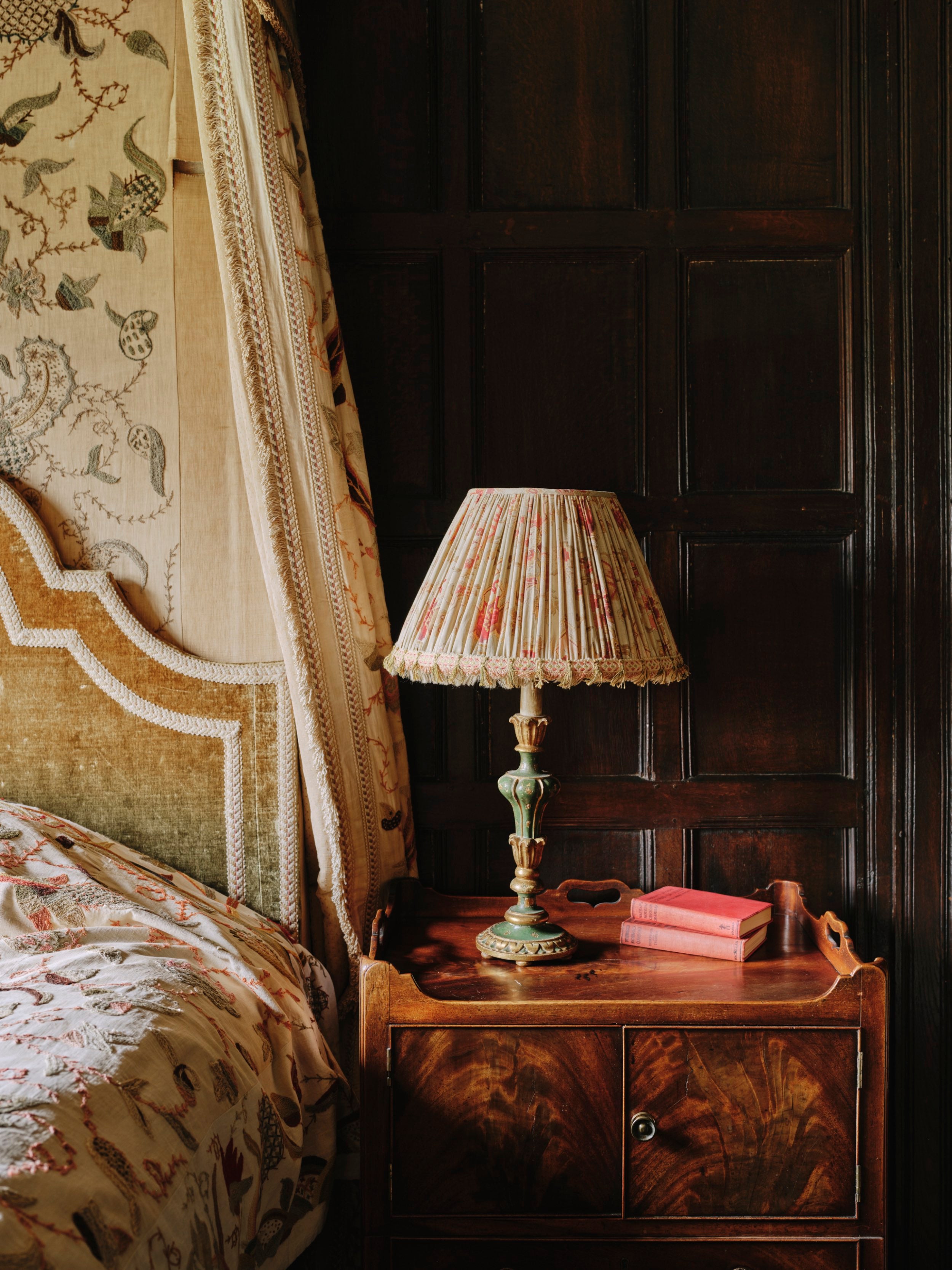 A Gathered Lampshade made from an Antique Screen Printed Cotton Voile with Woven Silk Frill