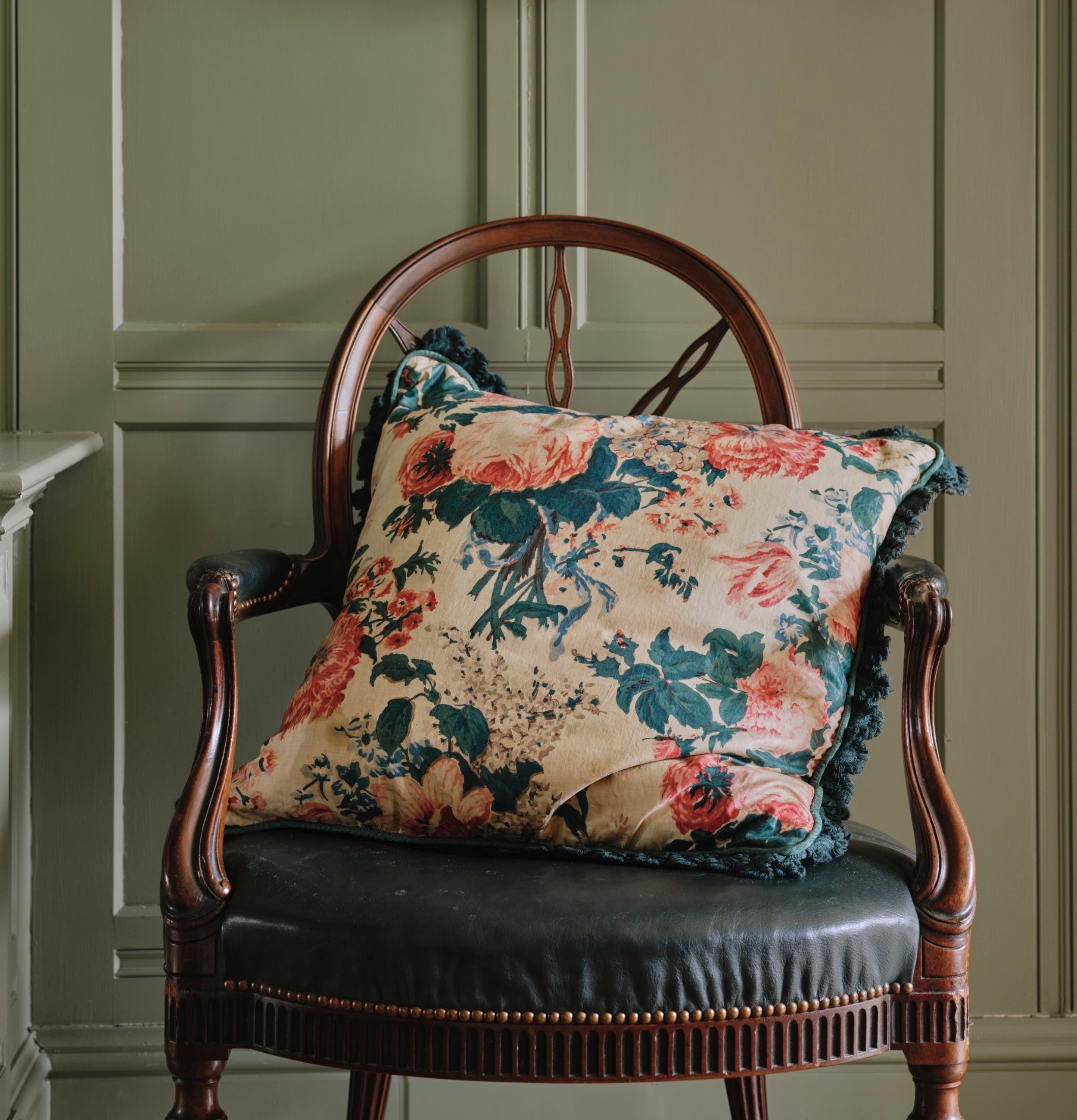 A Pair of Cushions made from 1920's English Glazed Floral Chintz with Moiré Piping and Scallop Fringe