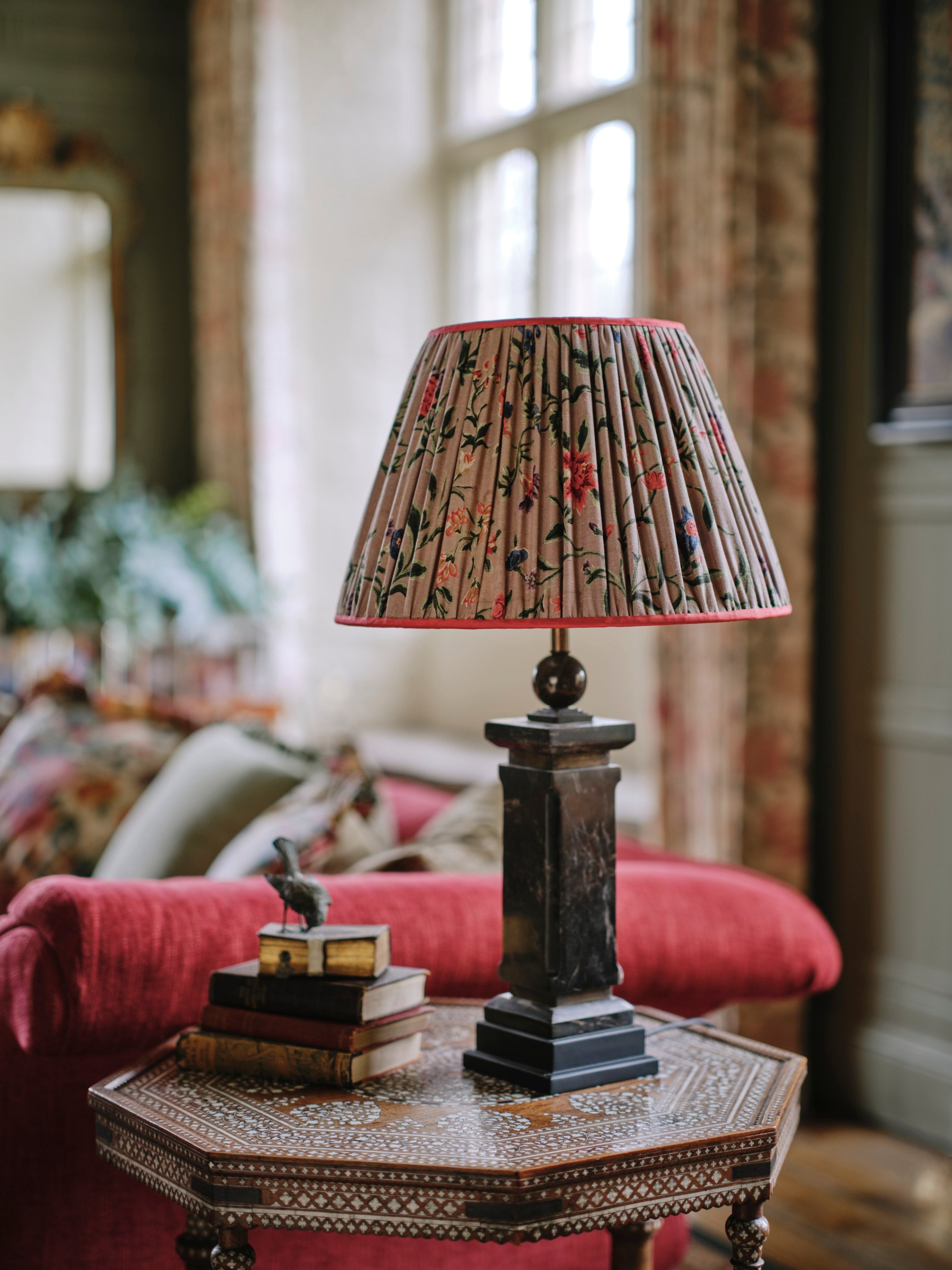 A Pair of Gathered Shades in an Early 20th Century Floral Linen with Coral Silk Trim