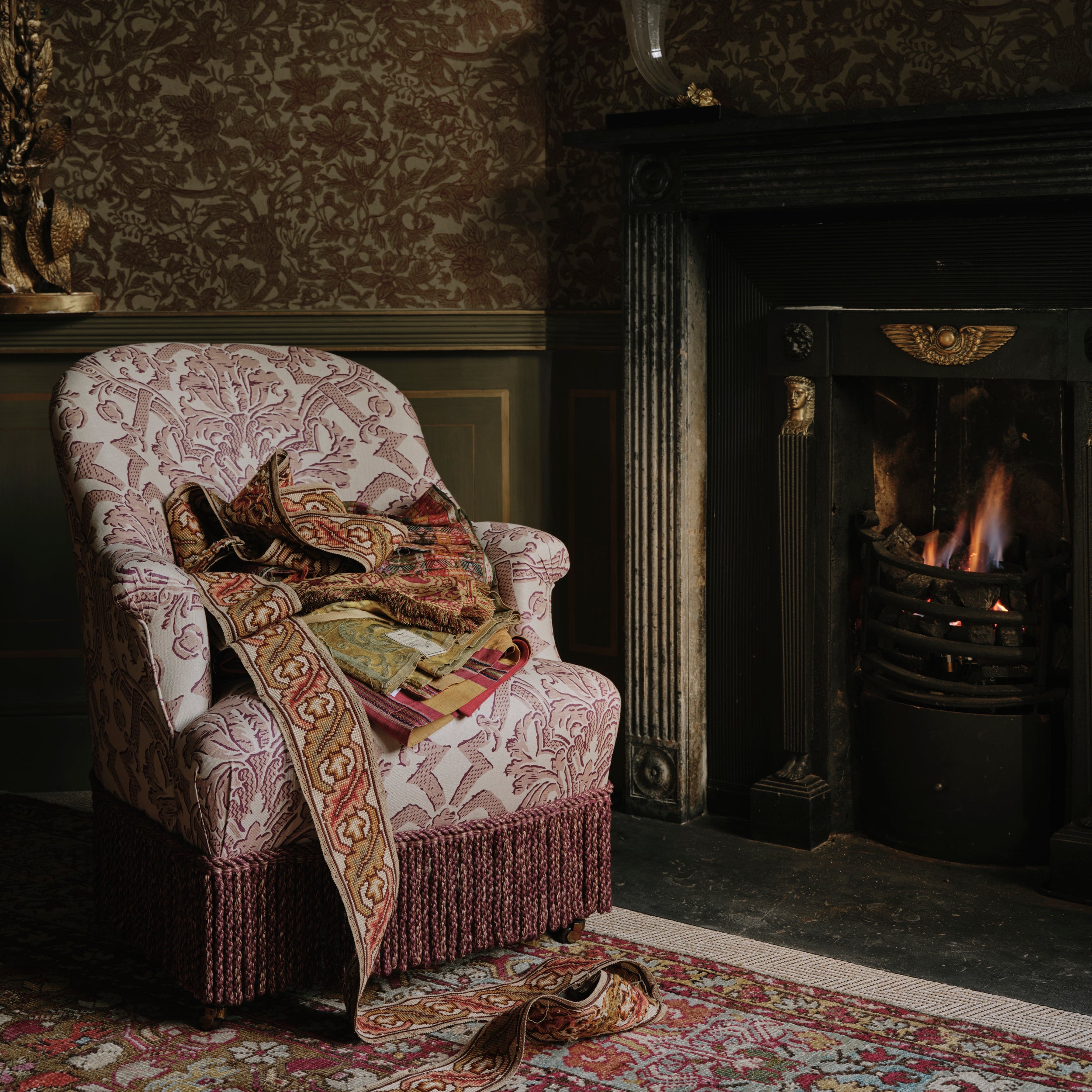 A Spoon Back 19th Century Armchair in Flora Soames Stockton with Bullion Fringe