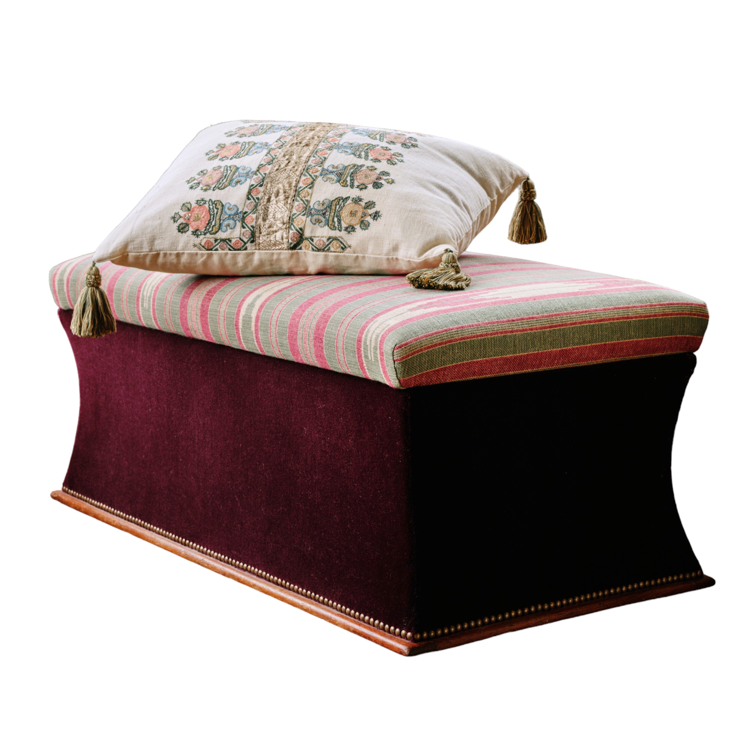 An English Late 19th Century Fluted Ottoman Upholstered in Flora Soames Oulton Stripe and a Claret Mohair Sides