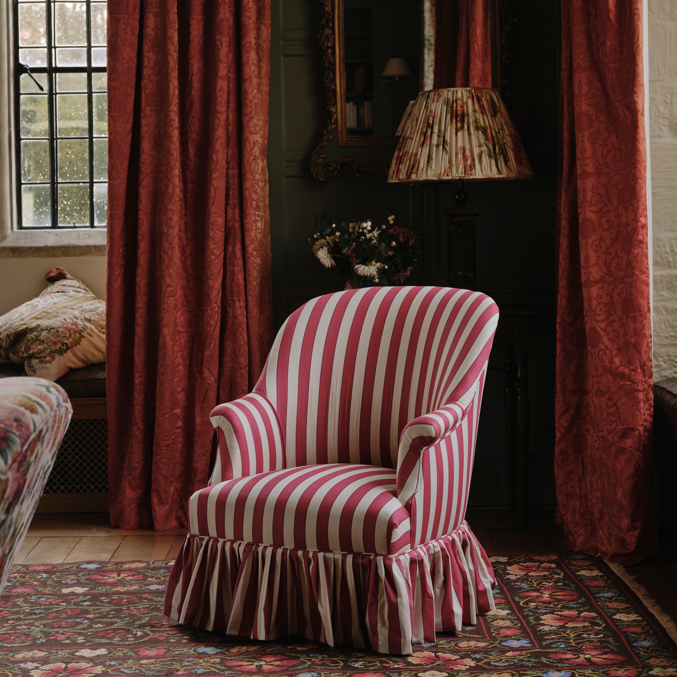 A Victorian Tub Armchair in Flora Soames Plain Stripe Cotton, Pair Available.