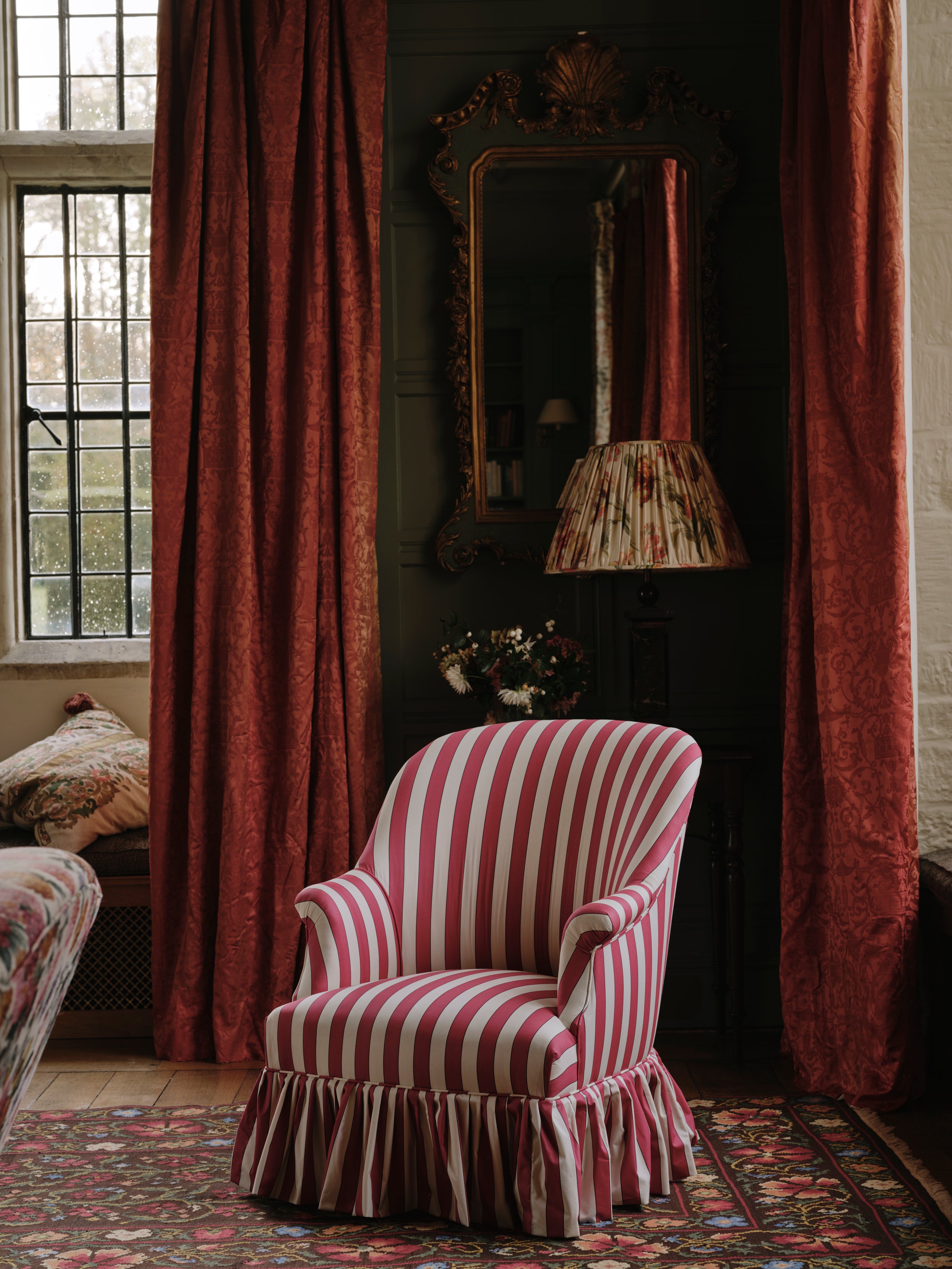 A Pair of Large Gathered Lampshades in Painterly Tulip Printed English Silk