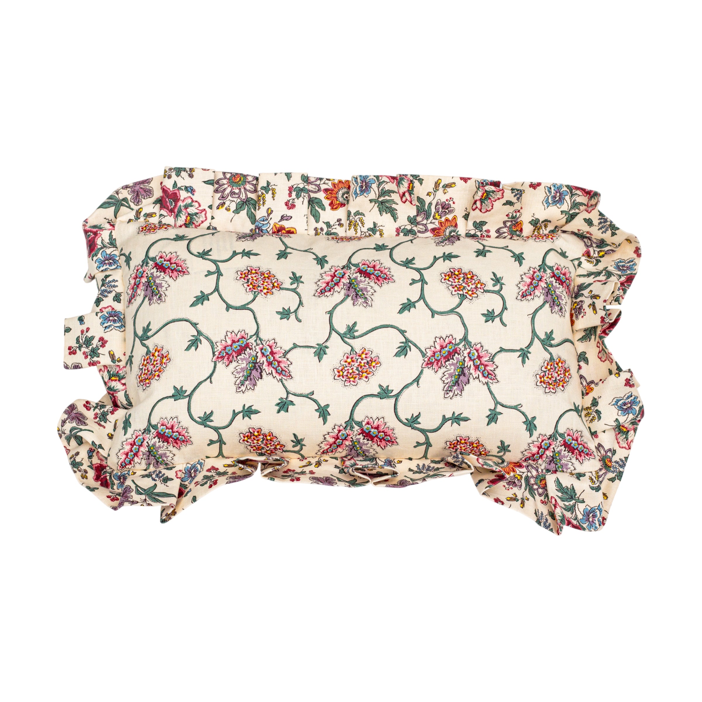 A Bespoke West House Trellis Oblong Cushion with a West House Trail Frill