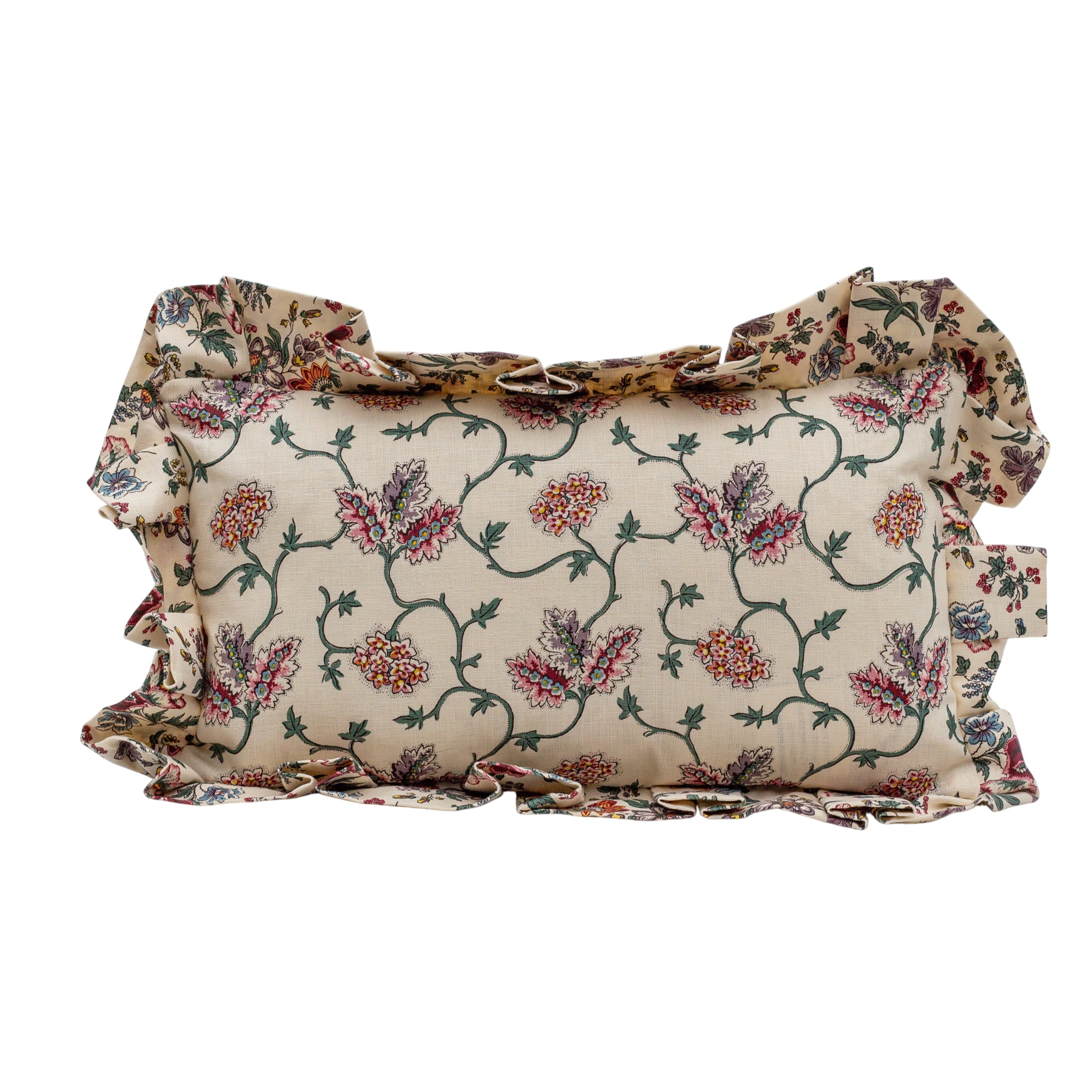 A Bespoke West House Trellis Oblong Cushion with a West House Trail Frill