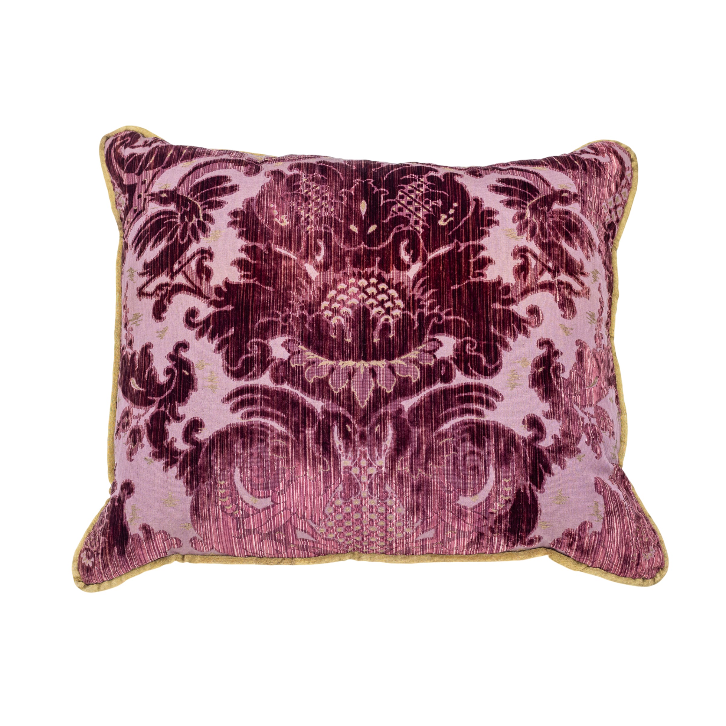 A Large Oblong Antique Deep Purple Damask Velvet Cushion with Old Gold Piping