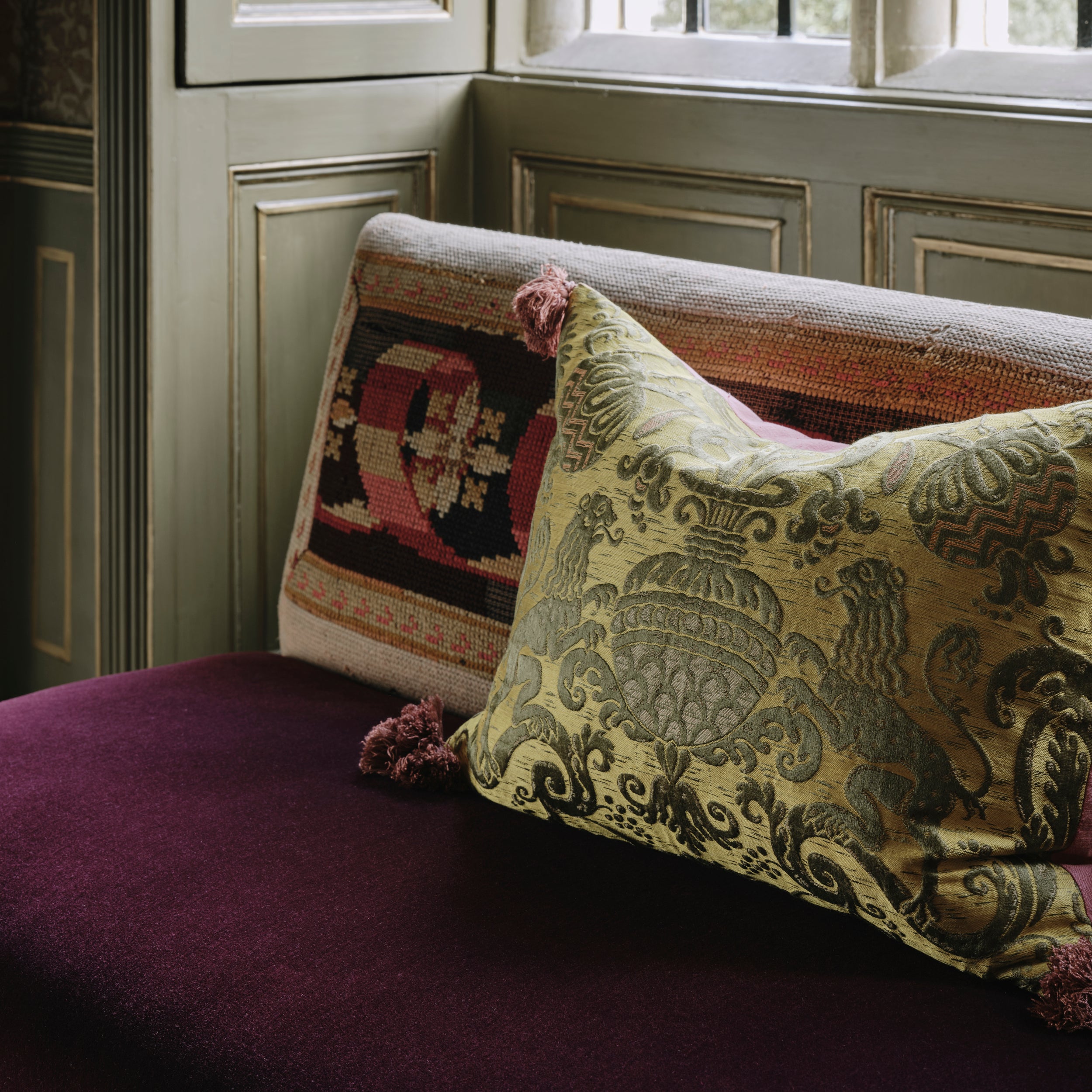 A Pair of Yellow Early 19th Century Italian Silk Brocade Cushions with Antique Rose Silk Tassels