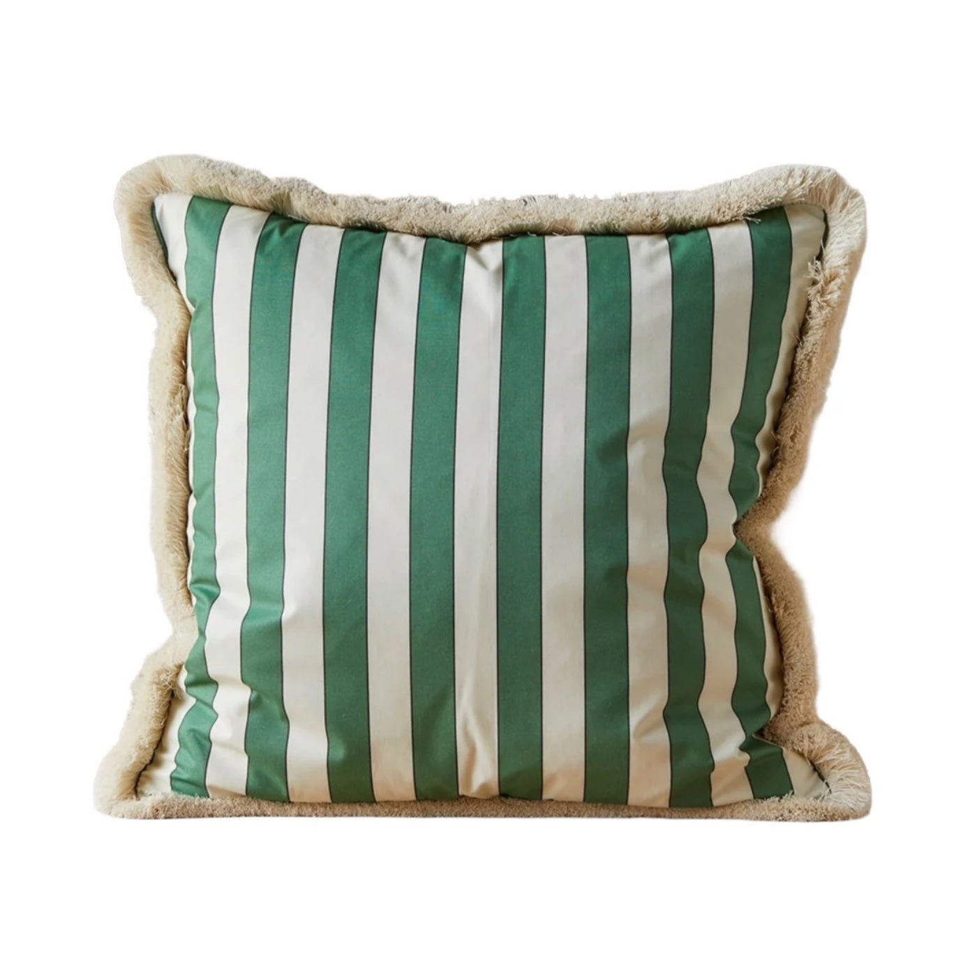 A Large Plain Stripe Cushion in Emerald with brush fringe