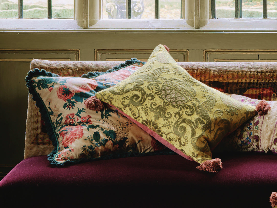 A Pair of Yellow Early 19th Century Italian Silk Brocade Cushions with Antique Rose Silk Tassels