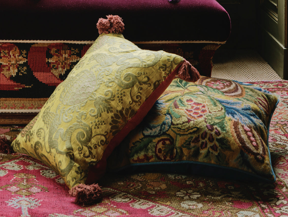 A Cushion made from Richly Coloured 20th Century English Needlework with Dark Teal Wool Piping