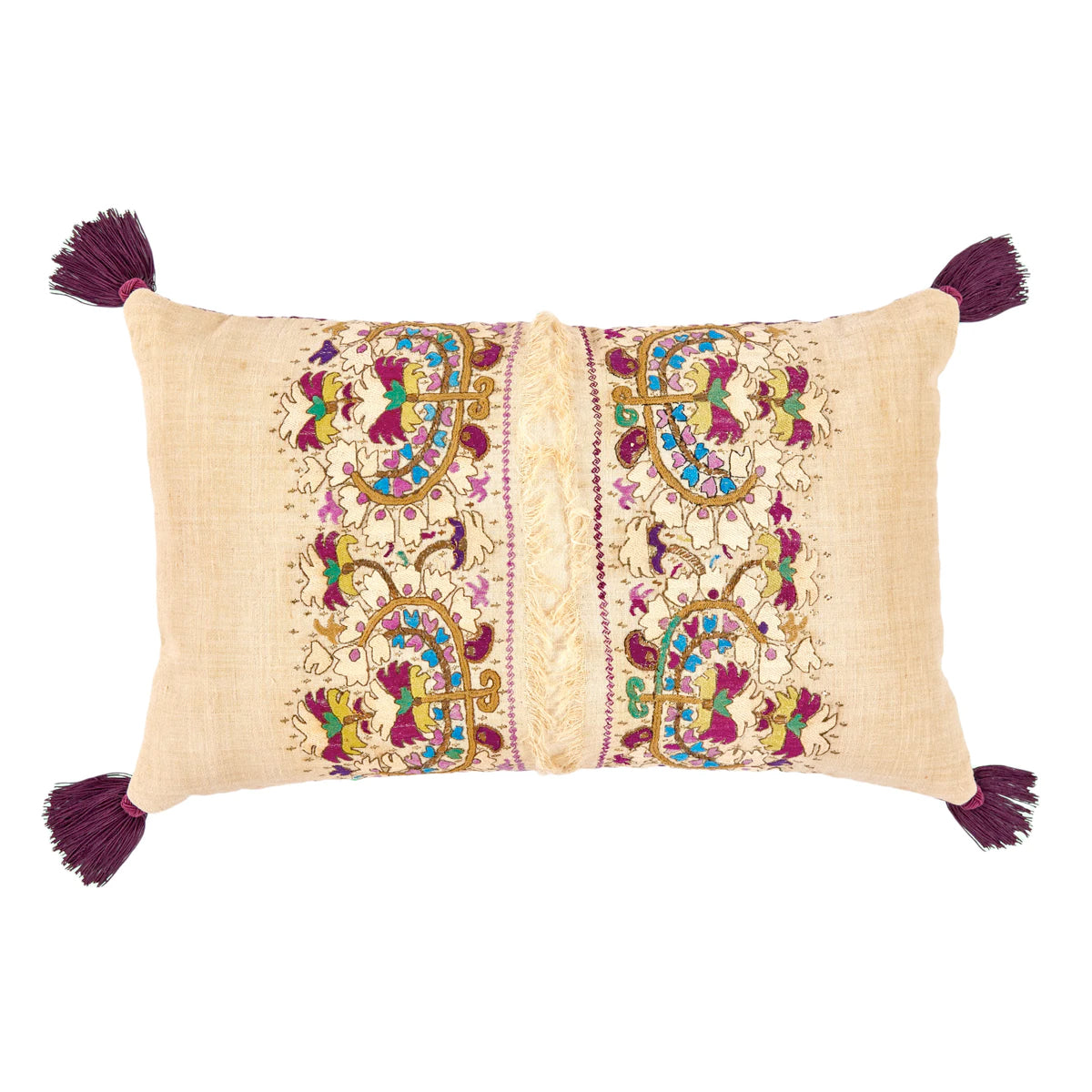 An Ottoman Embroidered Silk Thread Cushion with Silk Tassels