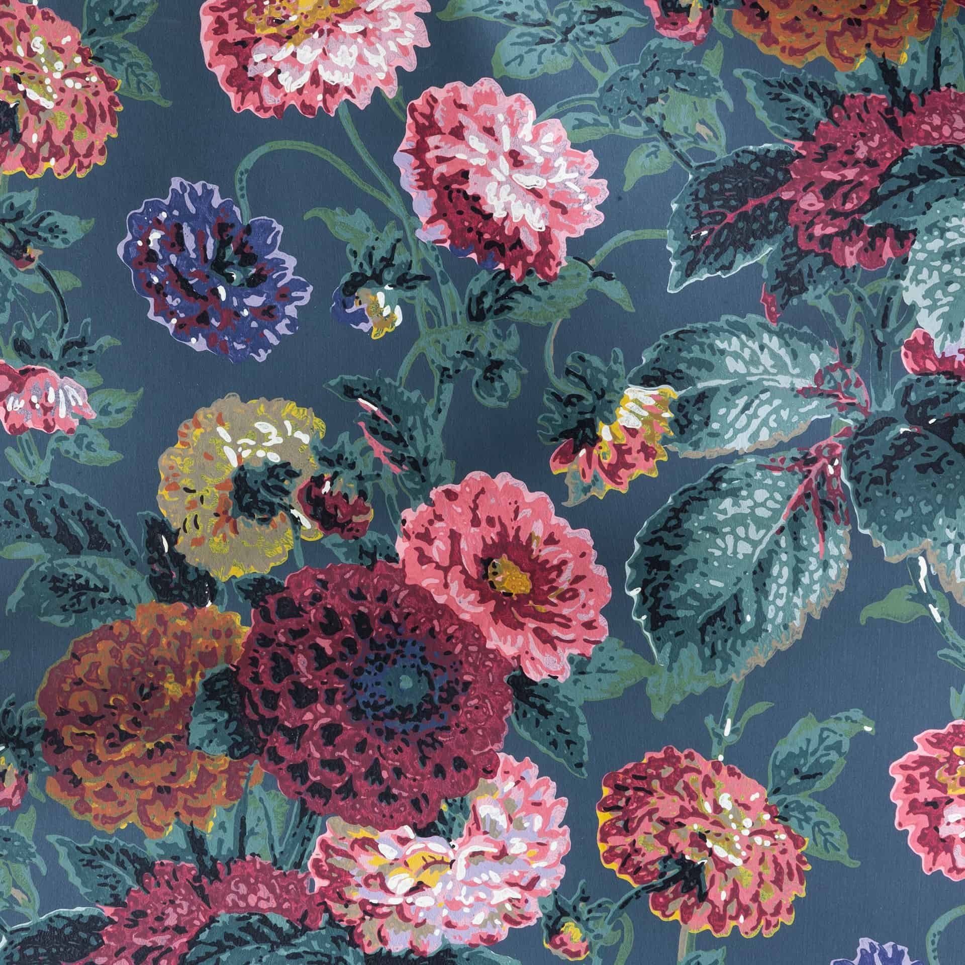 Dahlias Ink Blue Wallpaper