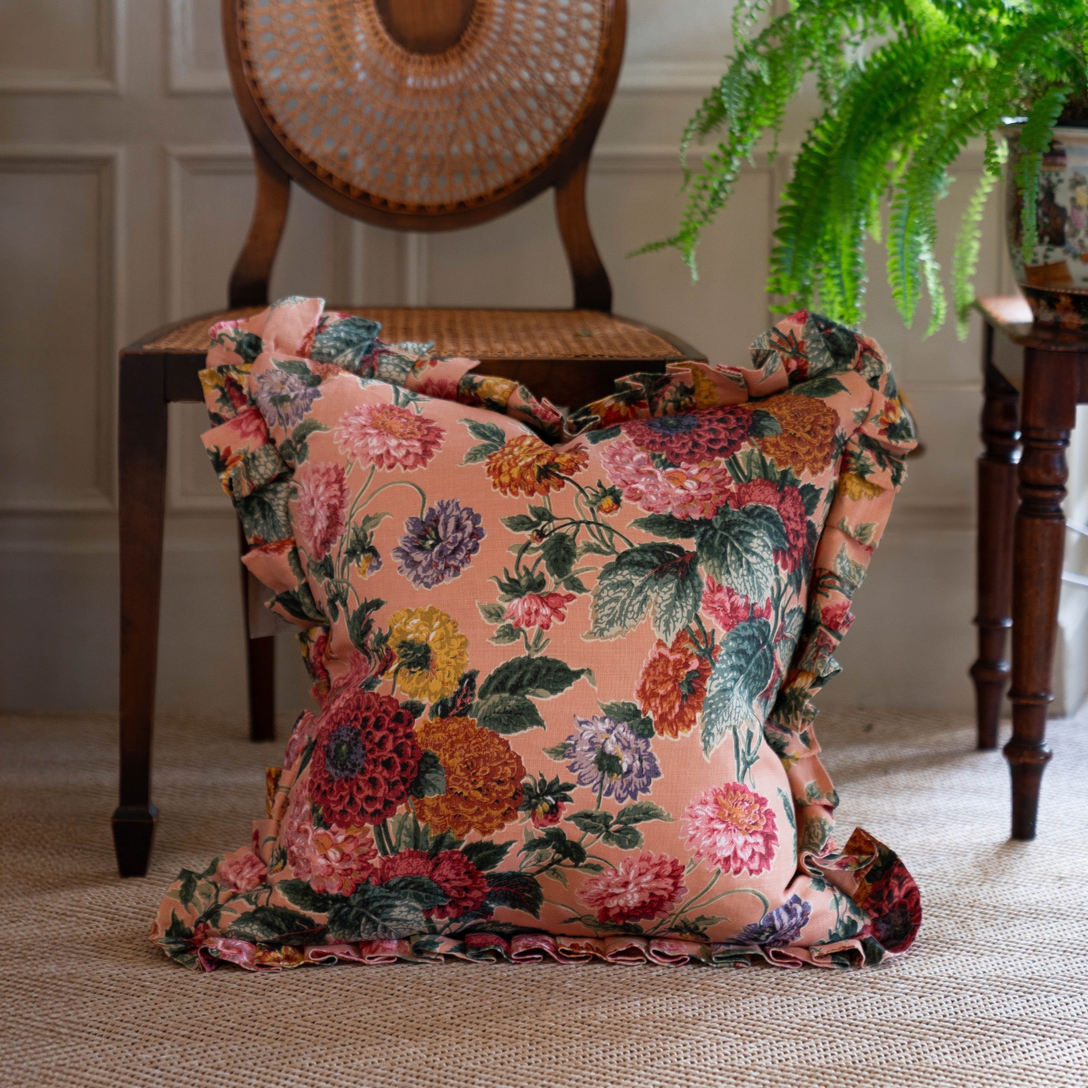 Dahlias Toscana Cushion with a Pleated Frill