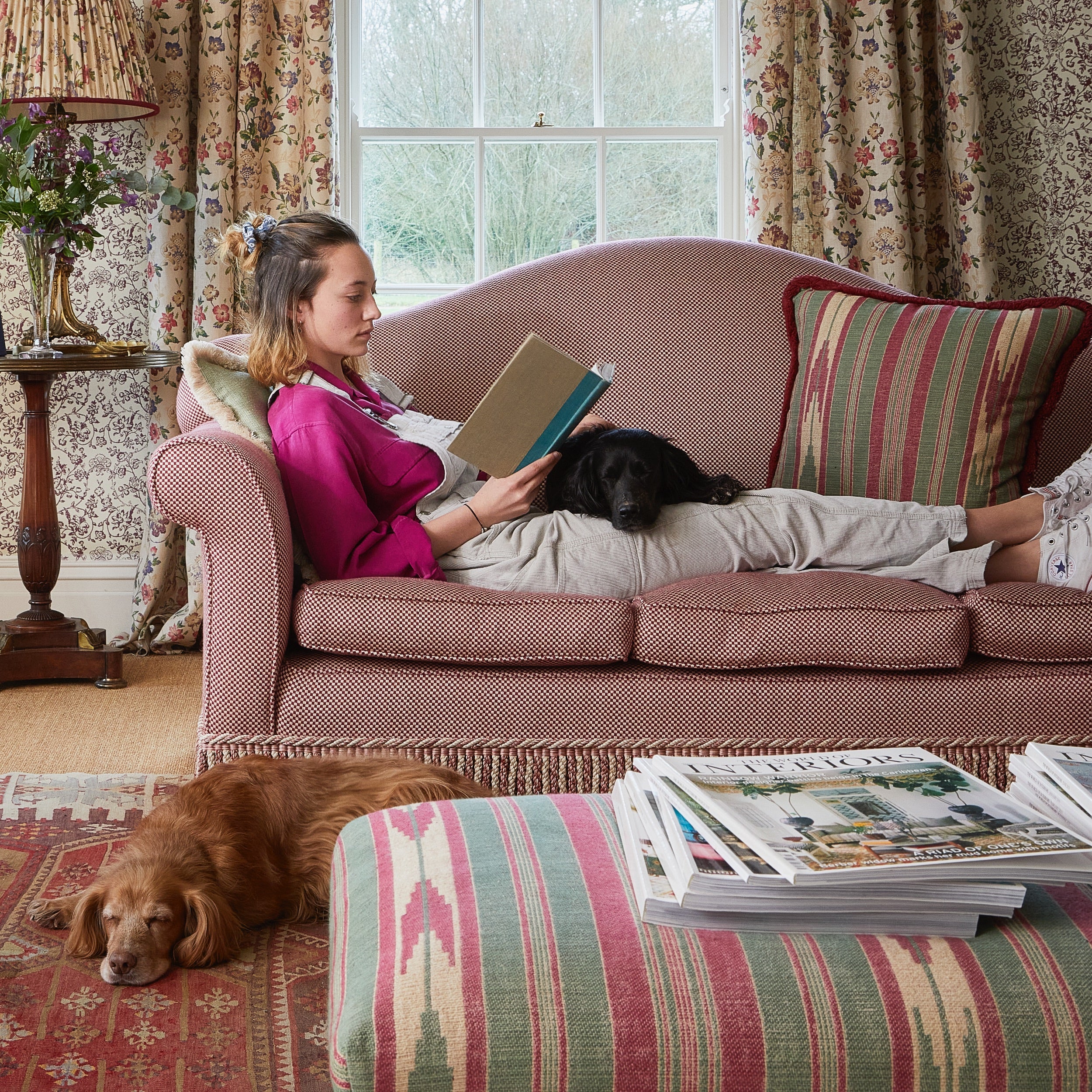 Oulton Stripe Rhubarb Cushion with a Self Piping