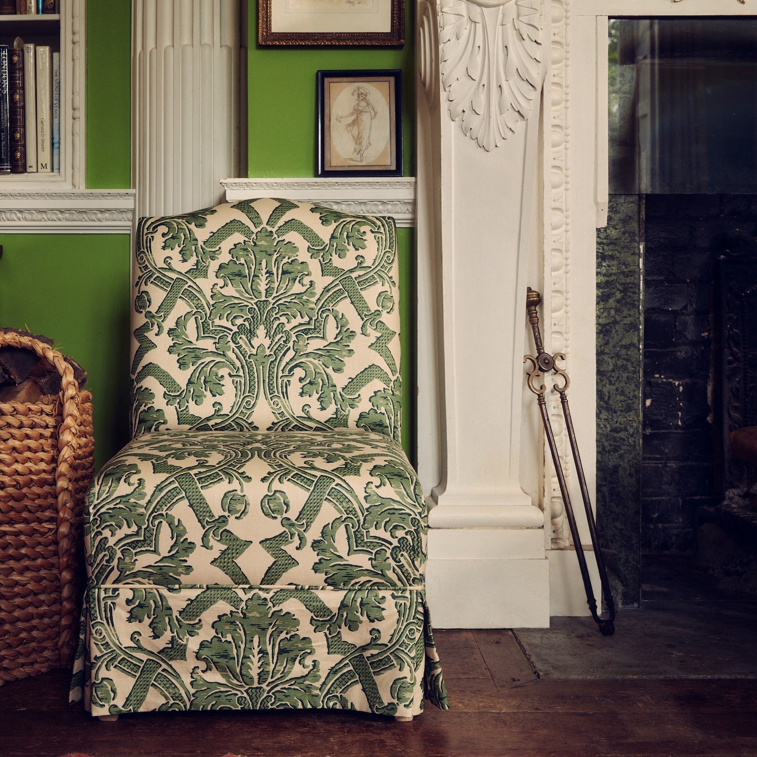 A Maud Chair in Stockton Linen Park Green with a Kick Pleat Skirt