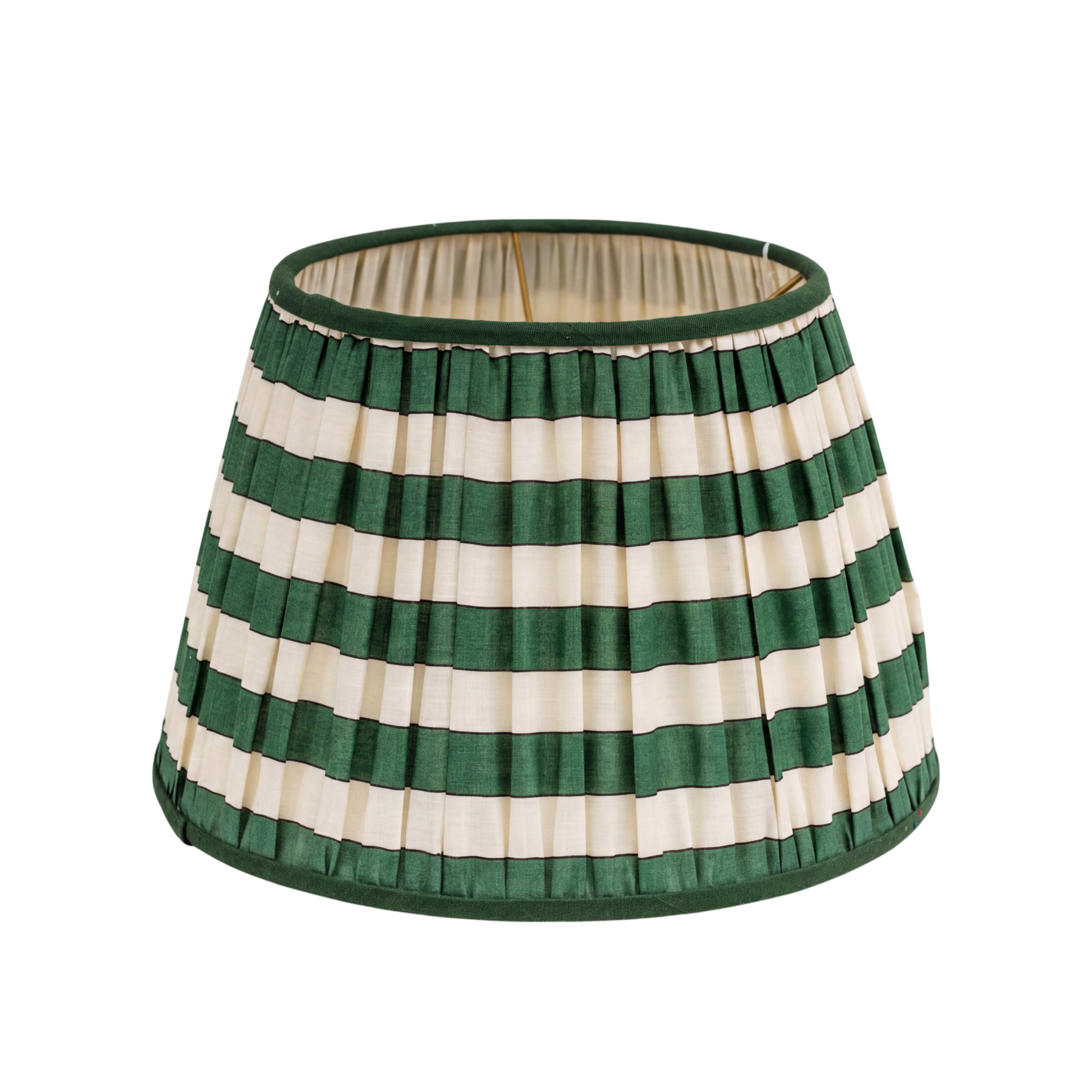 An Emerald Plain Stripe Voile Gathered Lampshade with Contrast trim 16"