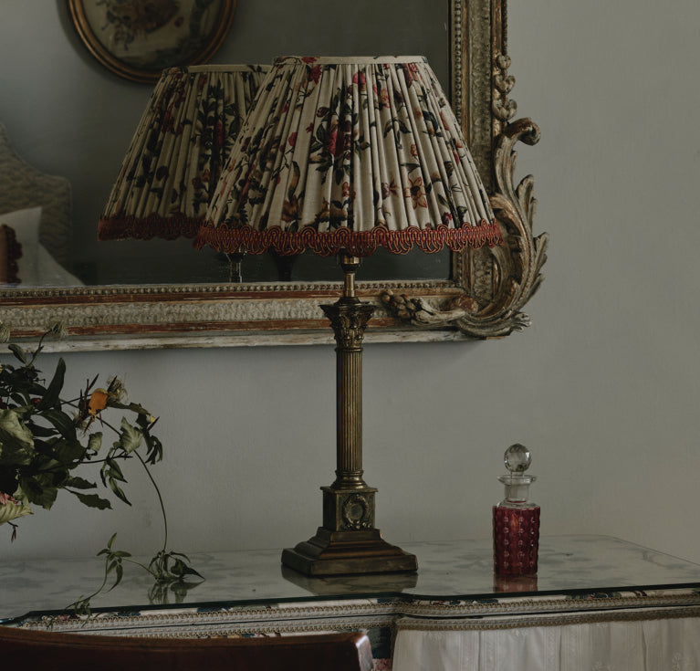 A Gathered Lampshade made from 1920s Floral Printed Linen with French Loop Braid