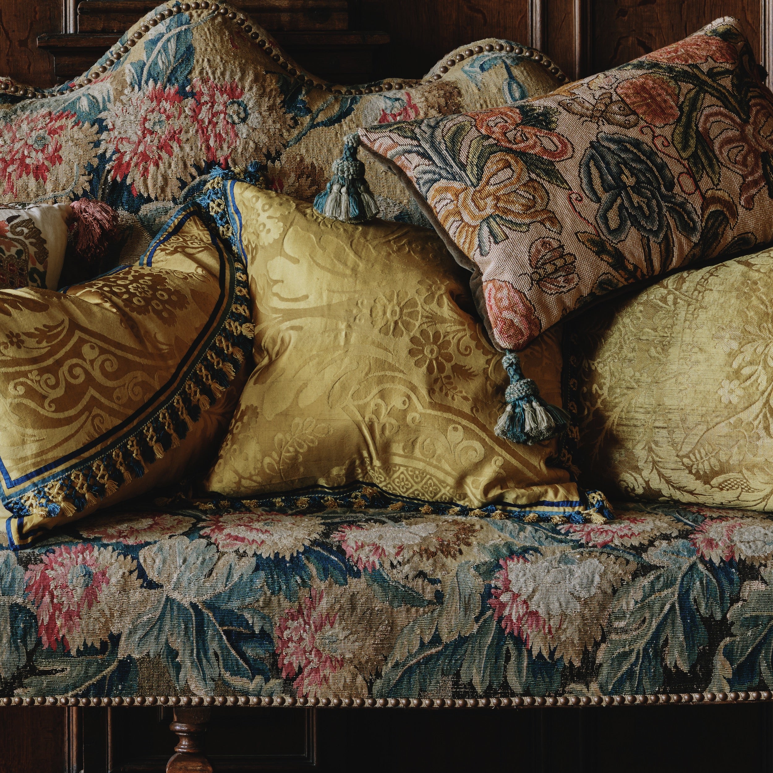 A Pair of Square Vivid Yellow Damask Cushions with Original Tassel Fringe and Binding