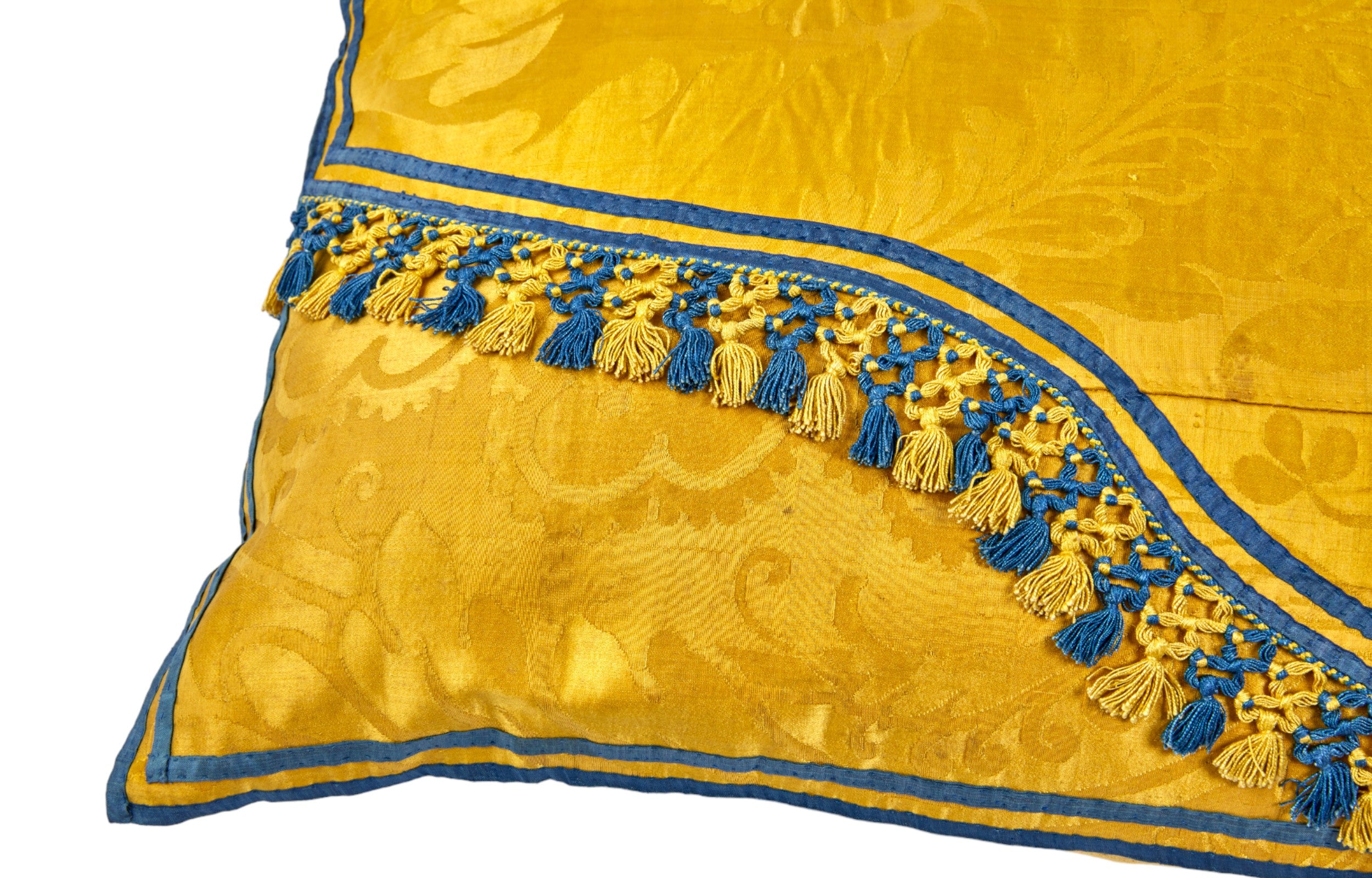 A Pair of Cushions made from Vivid 19th Century Silk Damask with Original Tassel Decoration
