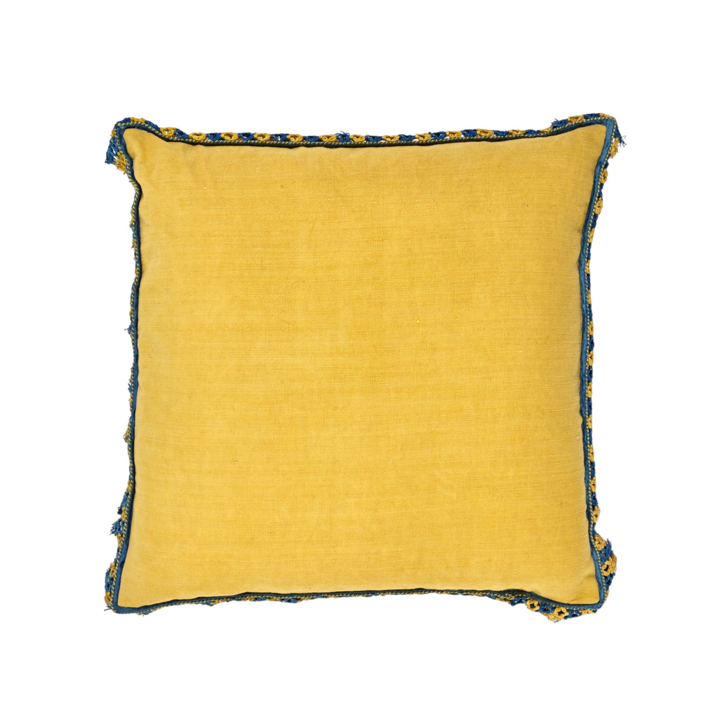 A Pair of Square Vivid Yellow Damask Cushions with Original Tassel Fringe and Binding