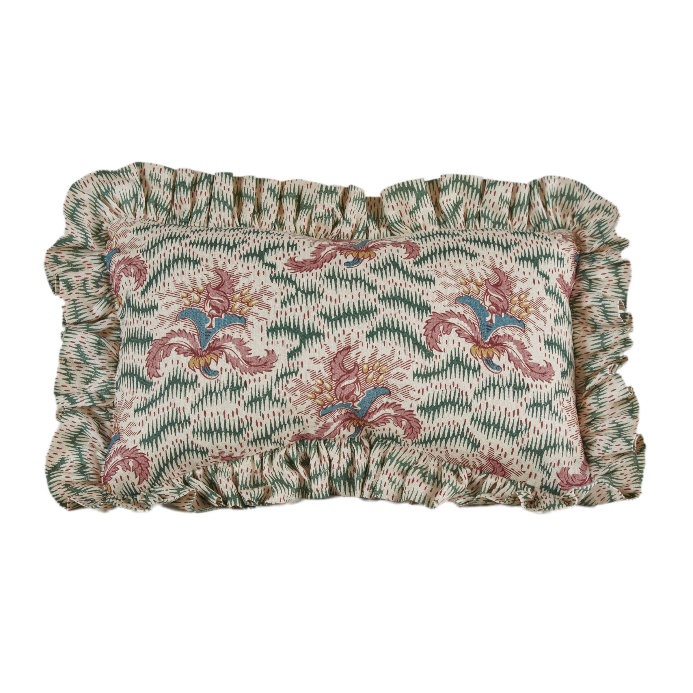 Daphne Emerald and Old Rose Cushion with a Daphne's Feathers Emerald Gathered Frill