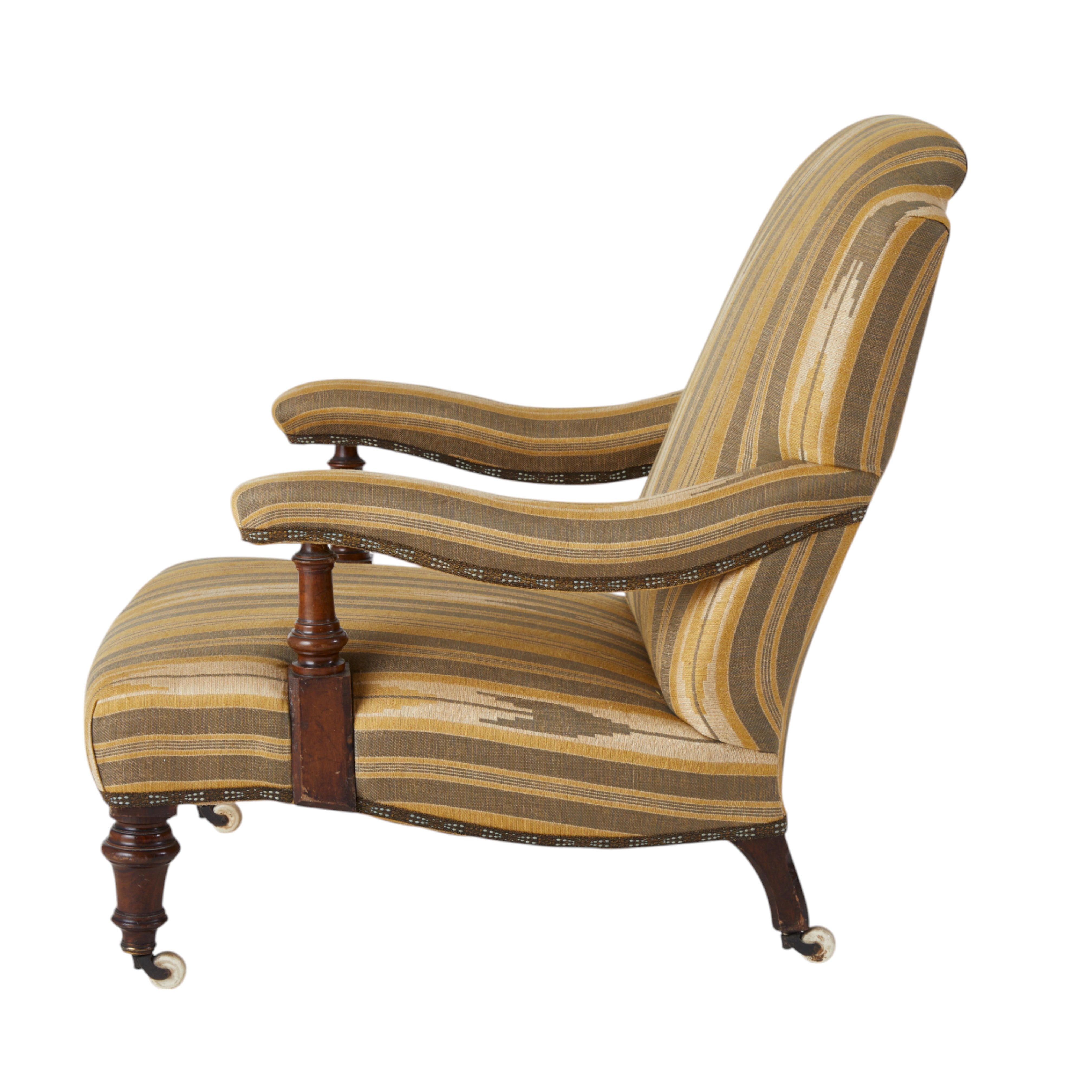 A Late 19th Century Square backed Armchair in Flora Soames Oulton Stripe