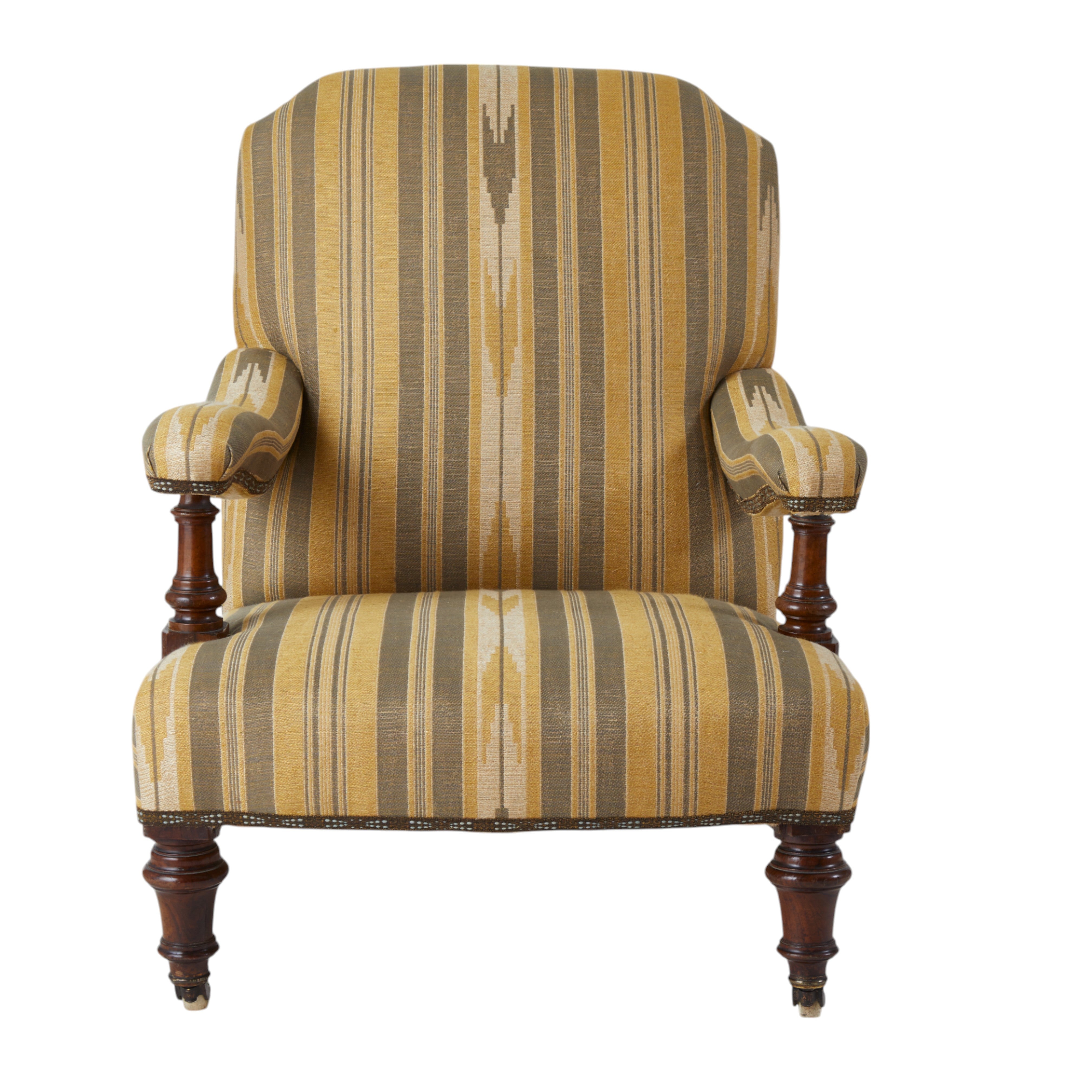 A Late 19th Century Square backed Armchair in Flora Soames Oulton Stripe