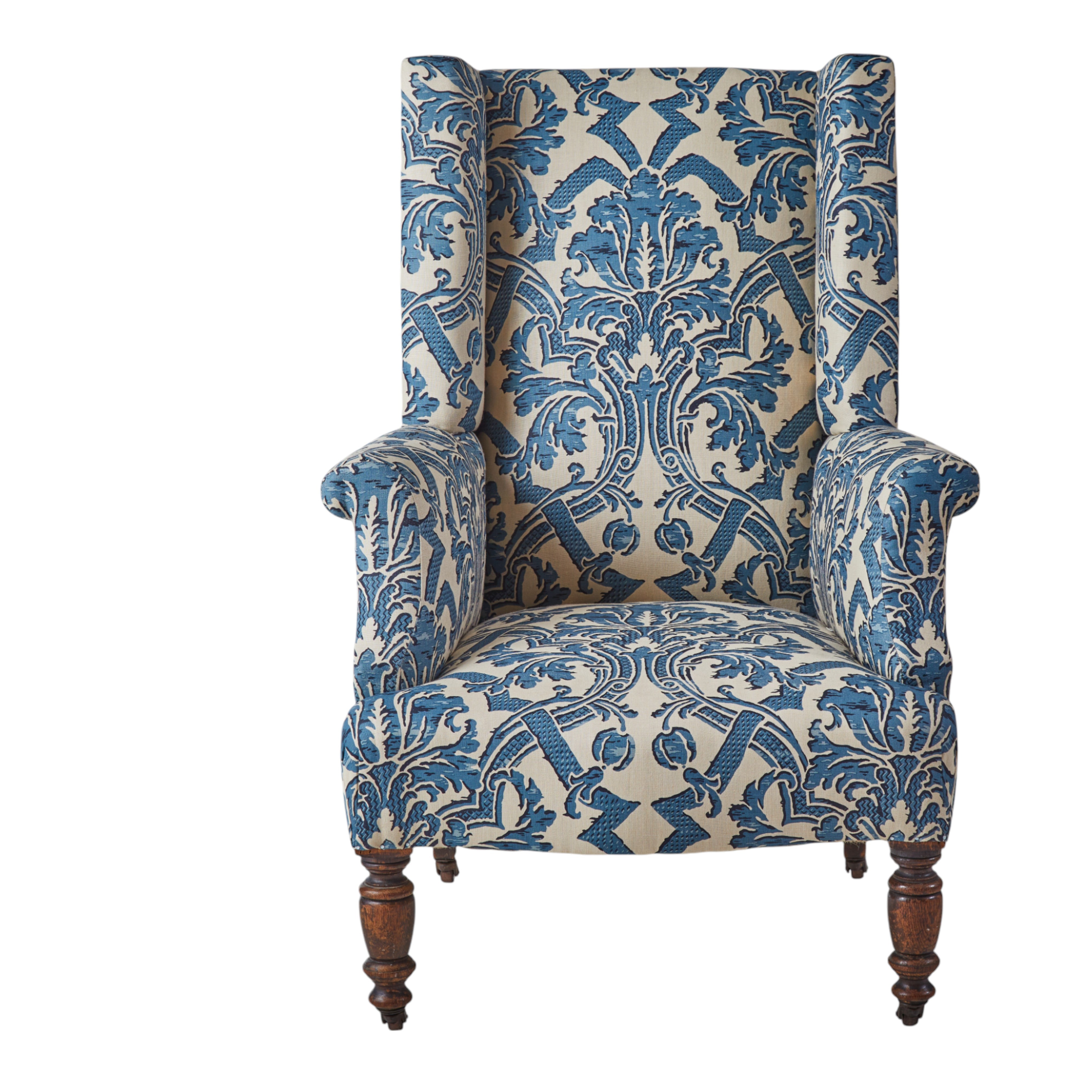 A Small 19th Century Wingback Armchair upholstered in China Blue Stockton Linen - LIVE AUCTION