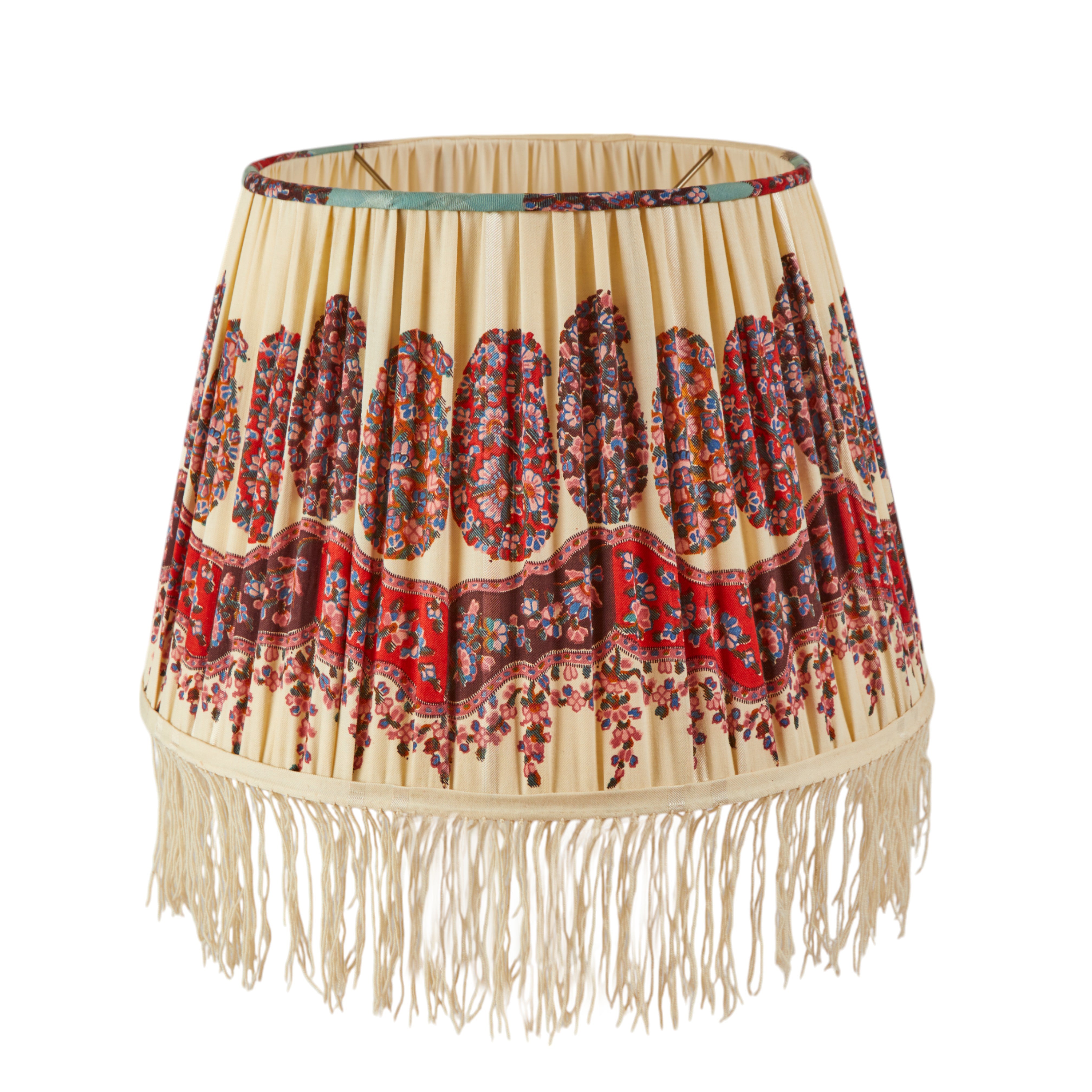 A large gathered lampshade made from a mid 19th Century fine wool shawl