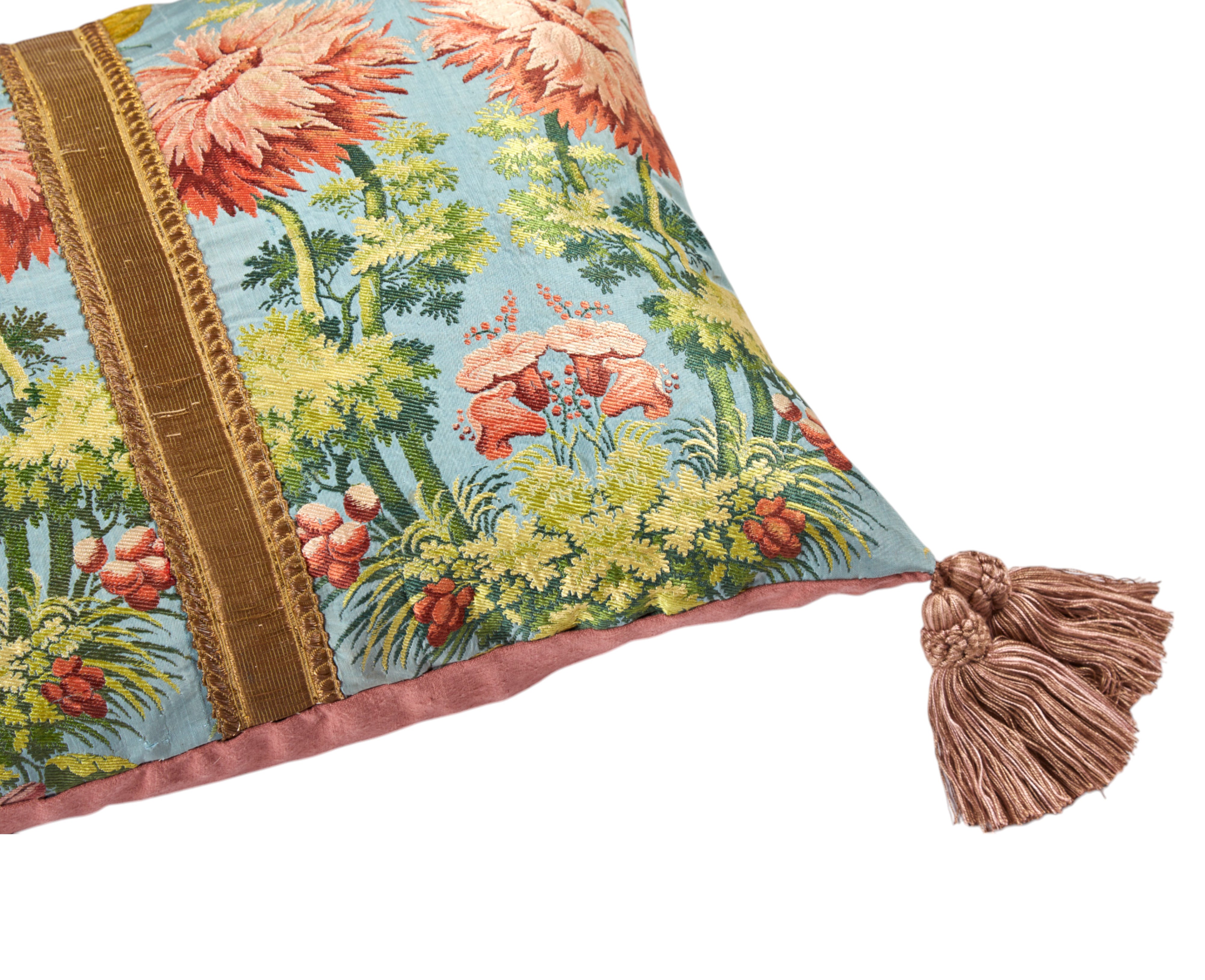 A silk cushion made with a beautiful 18th Century fragment with Italian silk tassels and antique gold flat braid band