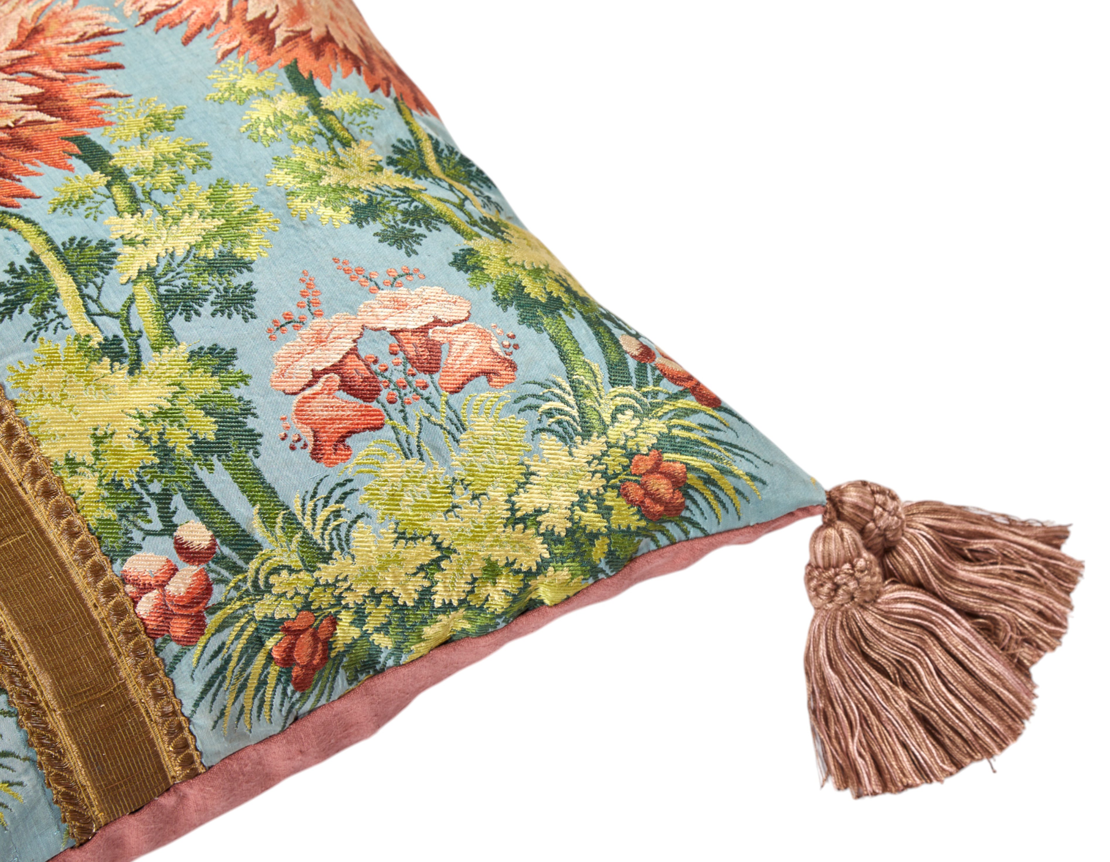 A silk cushion made with a beautiful 18th Century fragment with Italian silk tassels and antique gold flat braid band