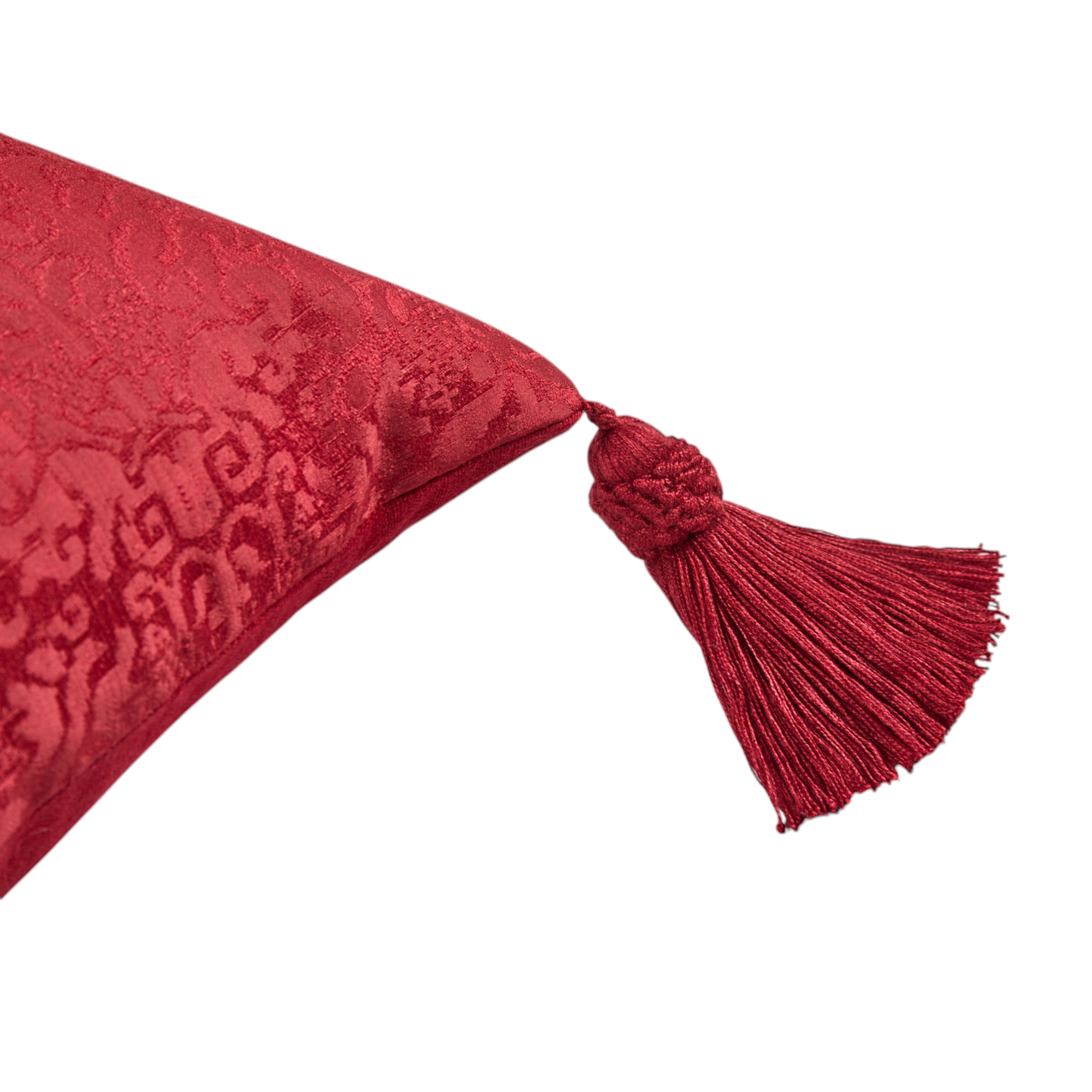 A long oblong cushion in a scarlet silk damask with 18th Century Greek Embroidered silk panel and Italian silk tassles