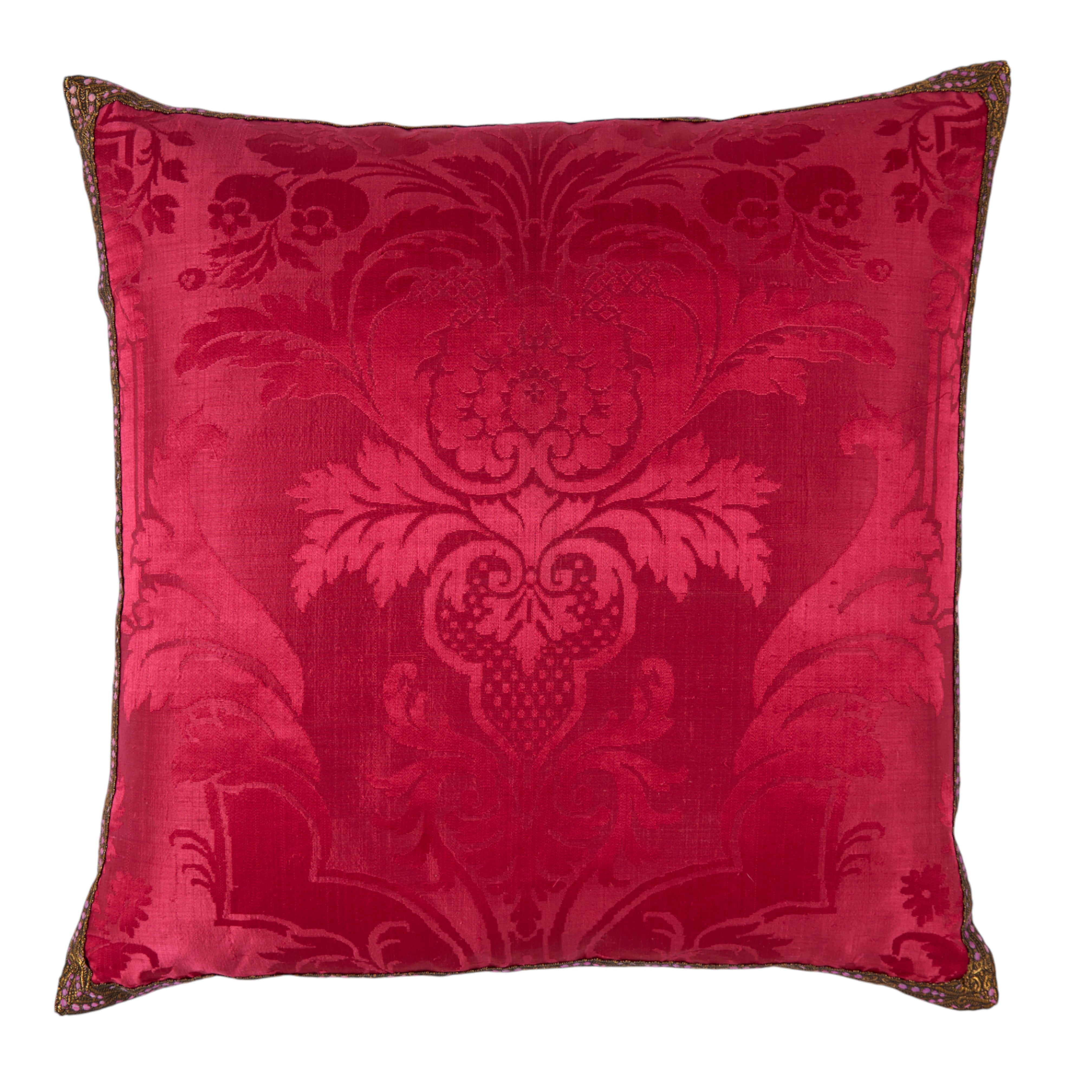 A large Pair of opulent Cranberry Silk 19th Century Damask Cushions with old gold flat braid decoration