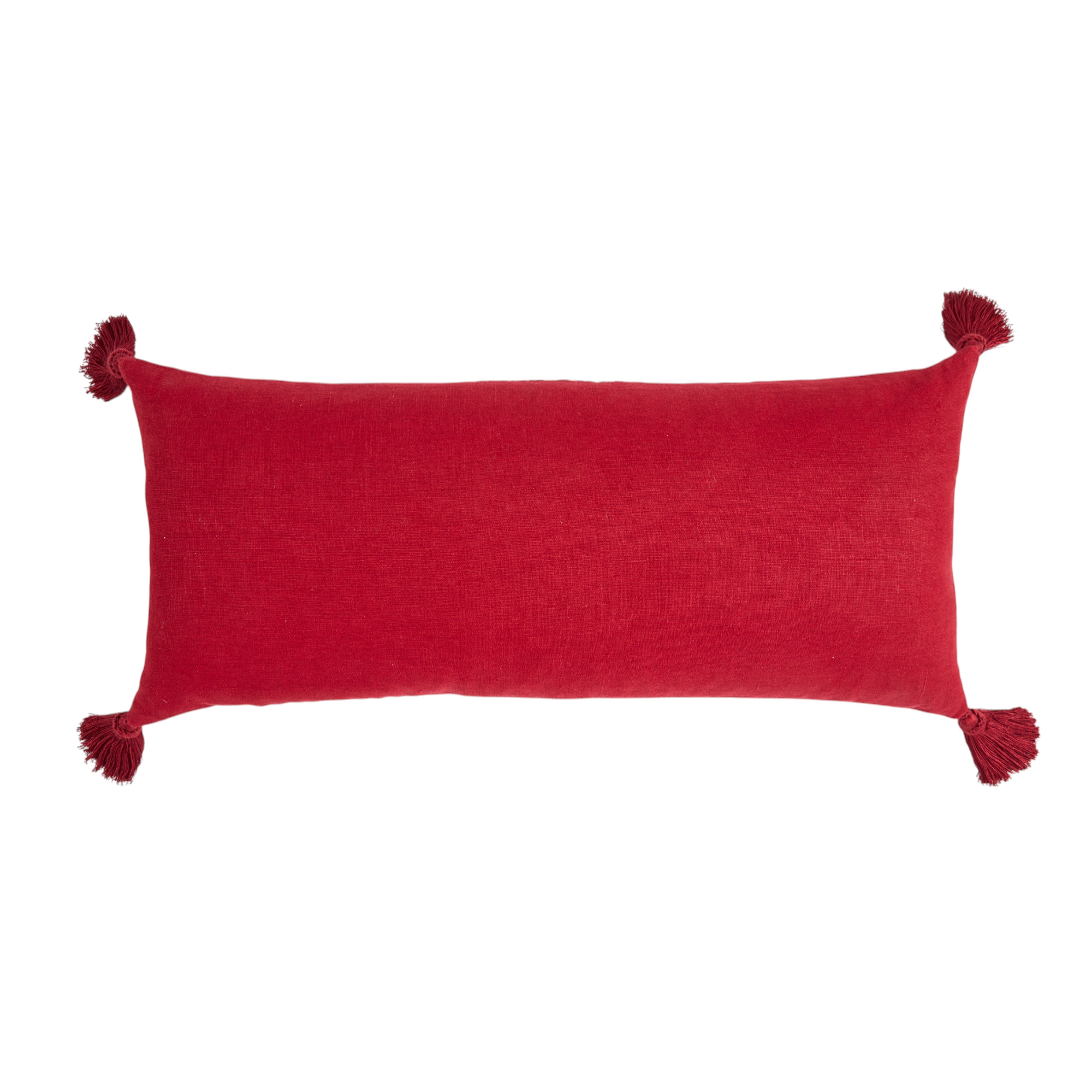 A long oblong cushion in a scarlet silk damask with 18th Century Greek Embroidered silk panel and Italian silk tassles