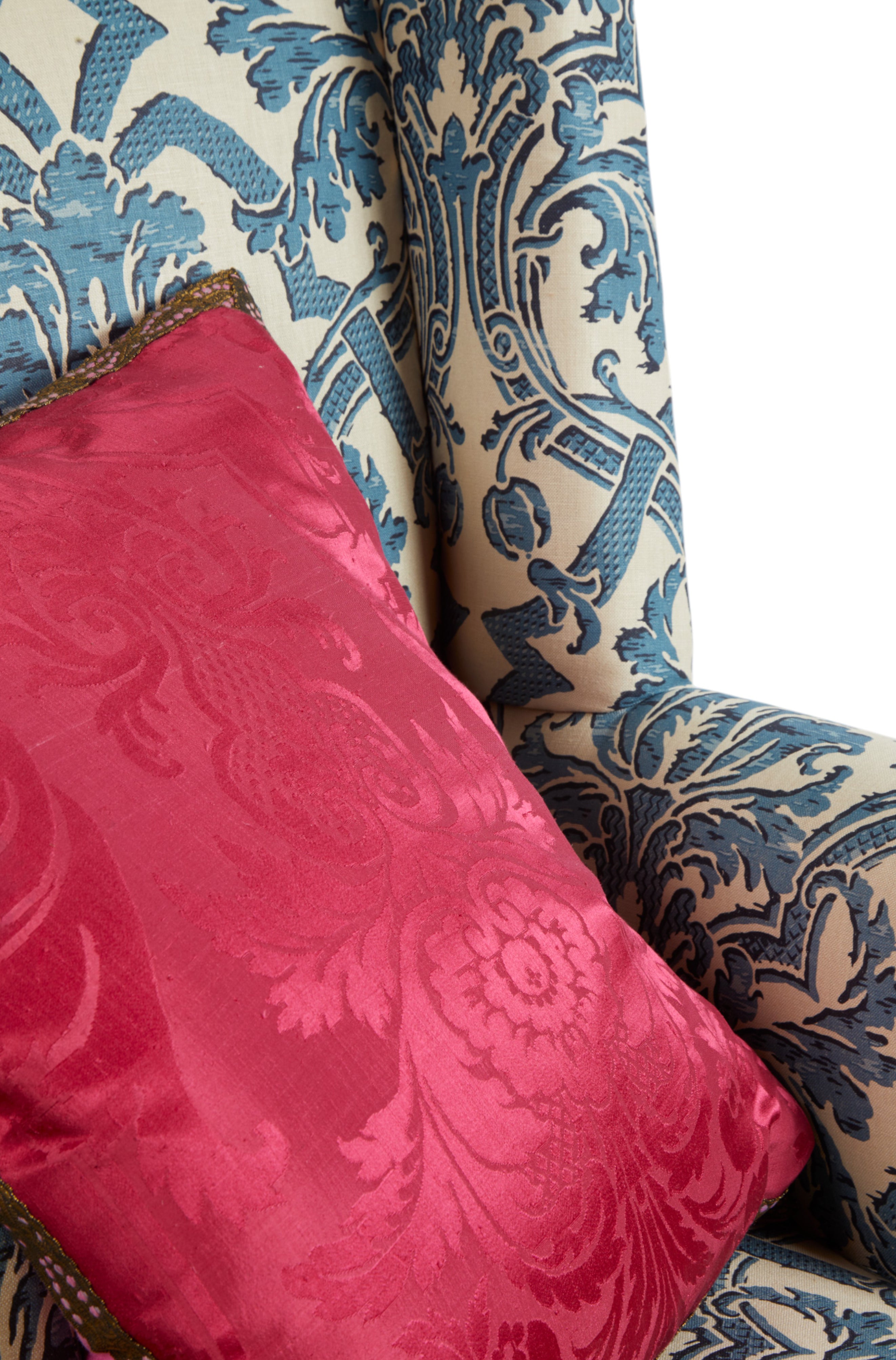 A large Pair of opulent Cranberry Silk 19th Century Damask Cushions with old gold flat braid decoration