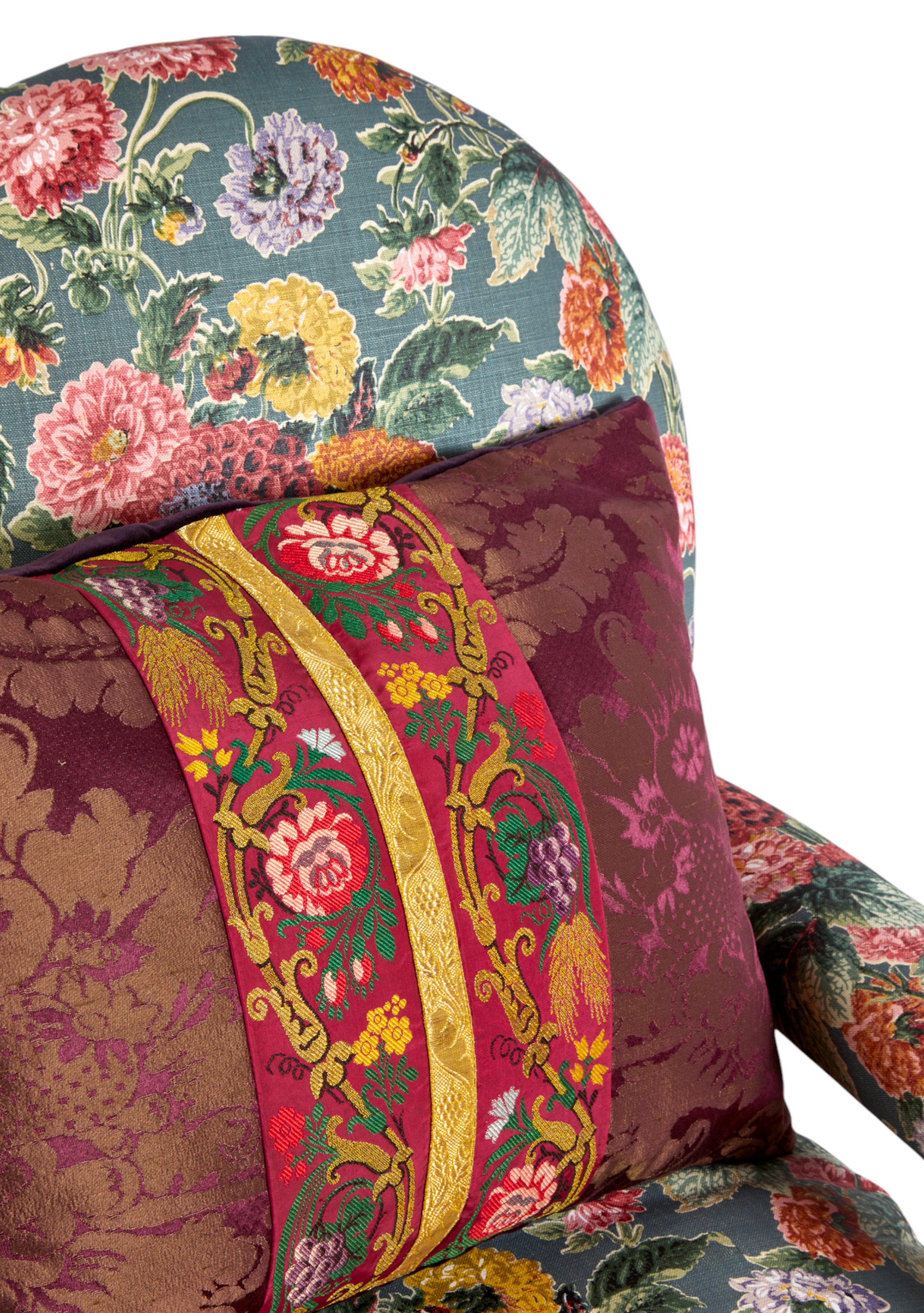 A 19th Century Round backed scroll armed chair upholstered in Flora Soames Dahlias