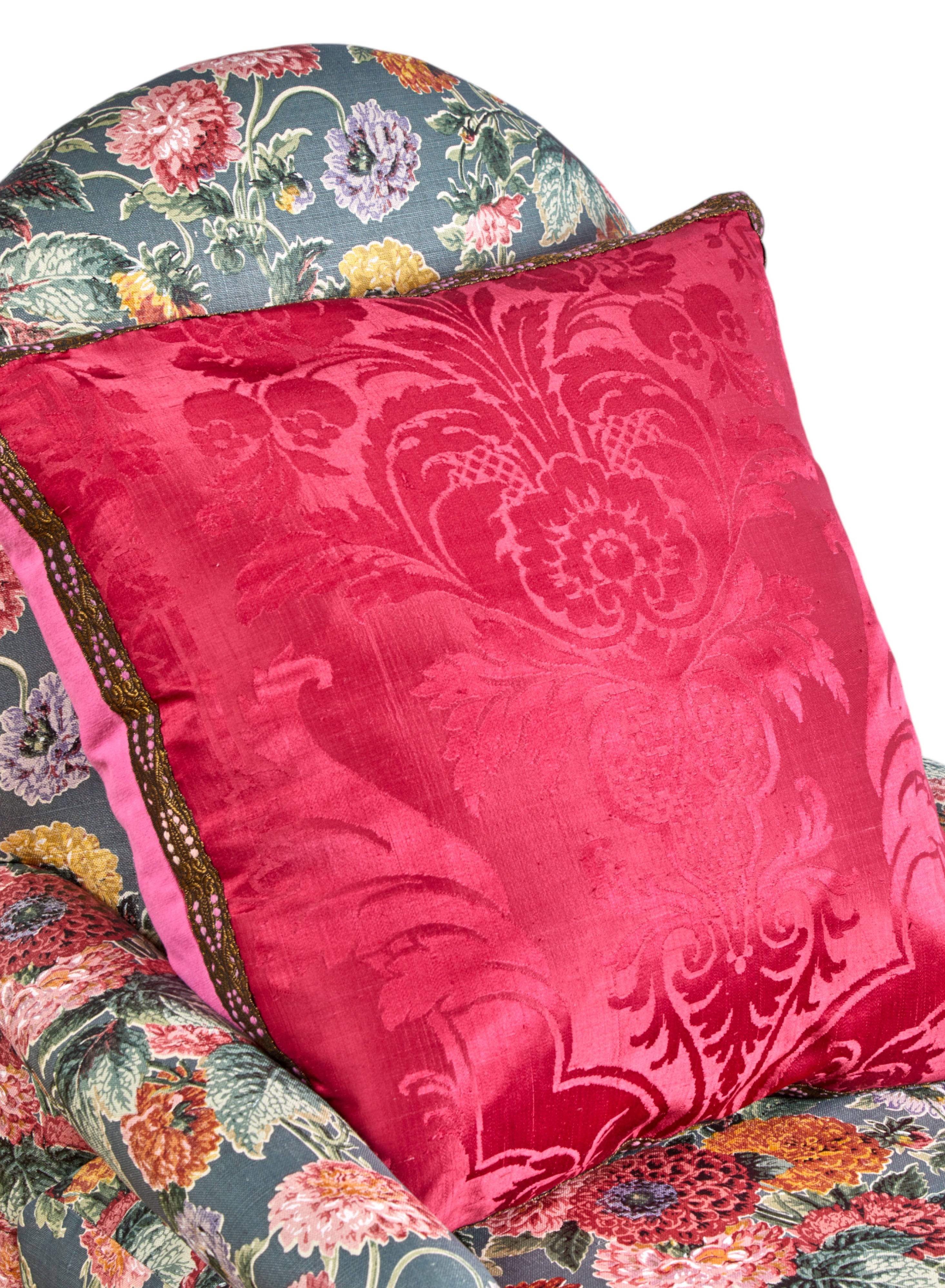 A large Pair of opulent Cranberry Silk 19th Century Damask Cushions with old gold flat braid decoration