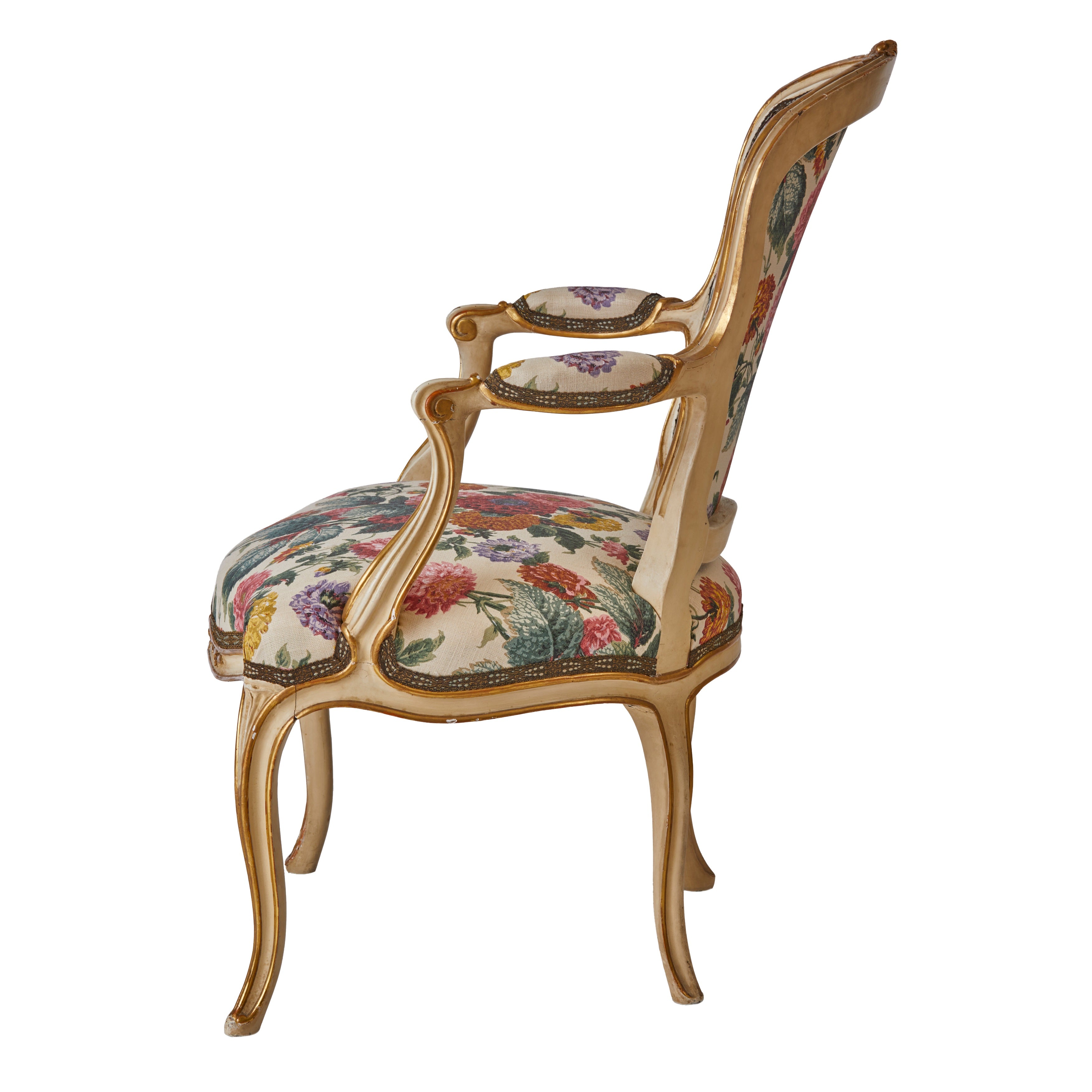 A 19th Century Parcel-Gilt Salon Chair in Flora Soames Dahlias with Antique Gold Decorated Braid