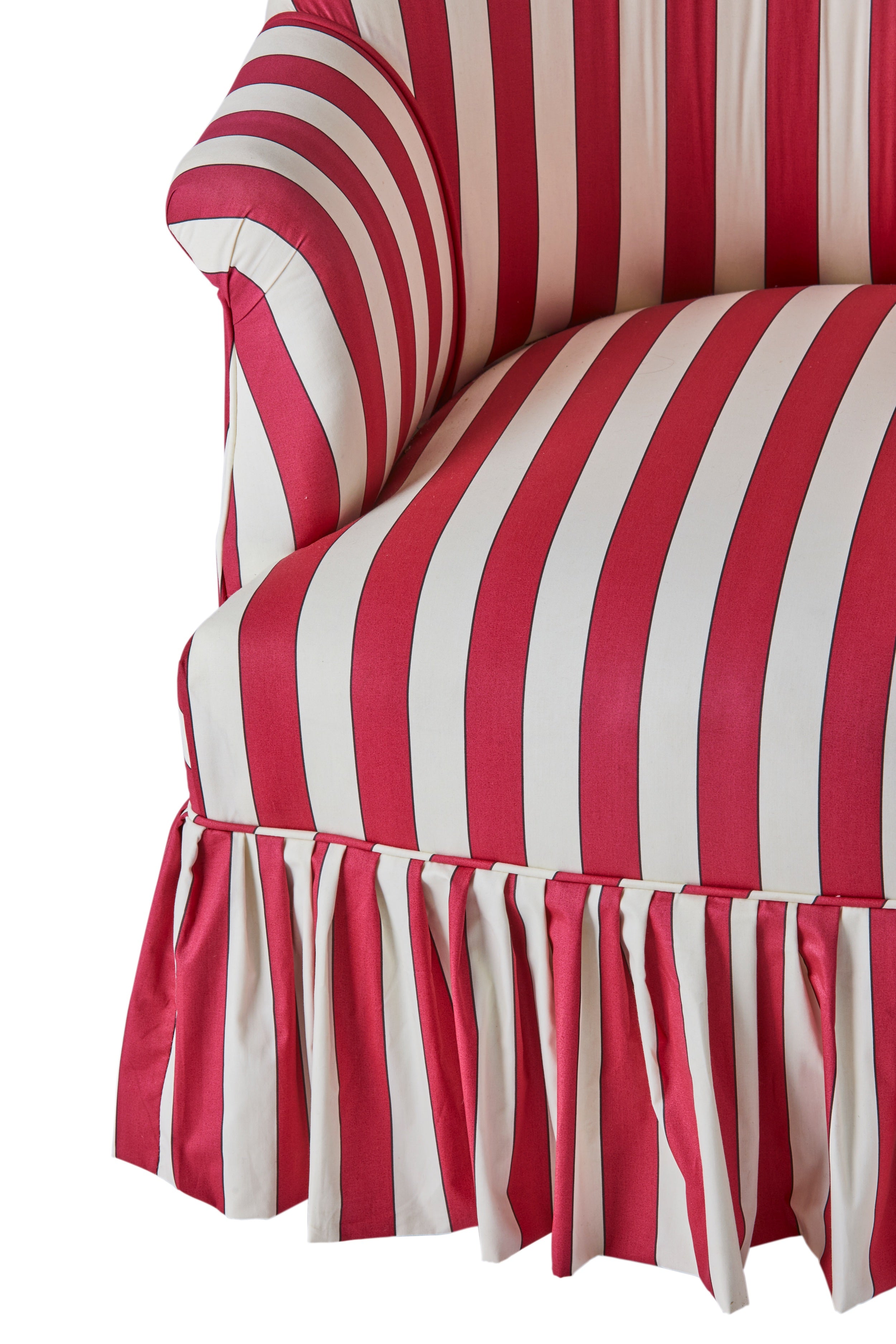 A Victorian Tub Armchair in Flora Soames Plain Stripe Cotton, Pair Available.