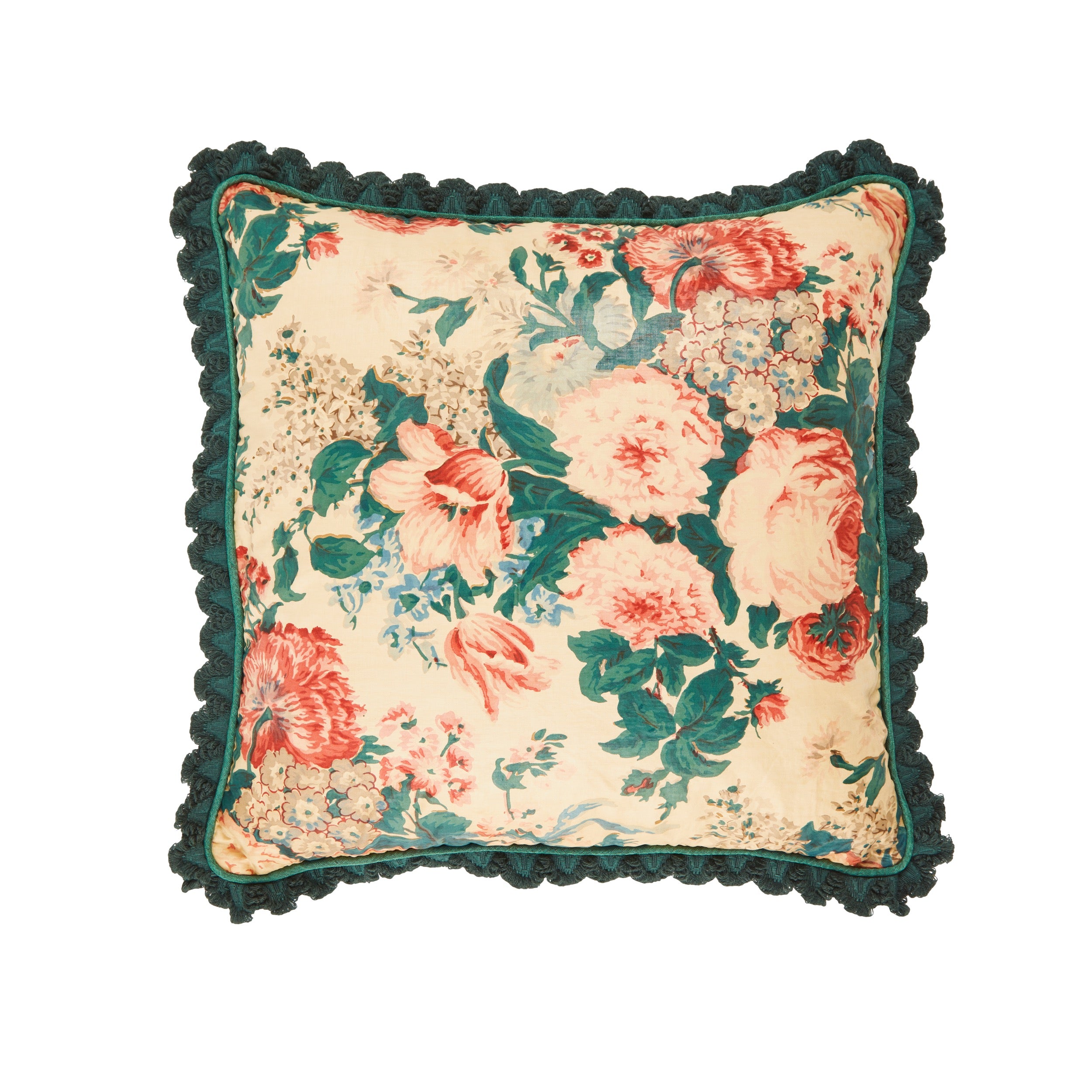 A Pair of Cushions made from 1920's English Glazed Floral Chintz with Moiré Piping and Scallop Fringe