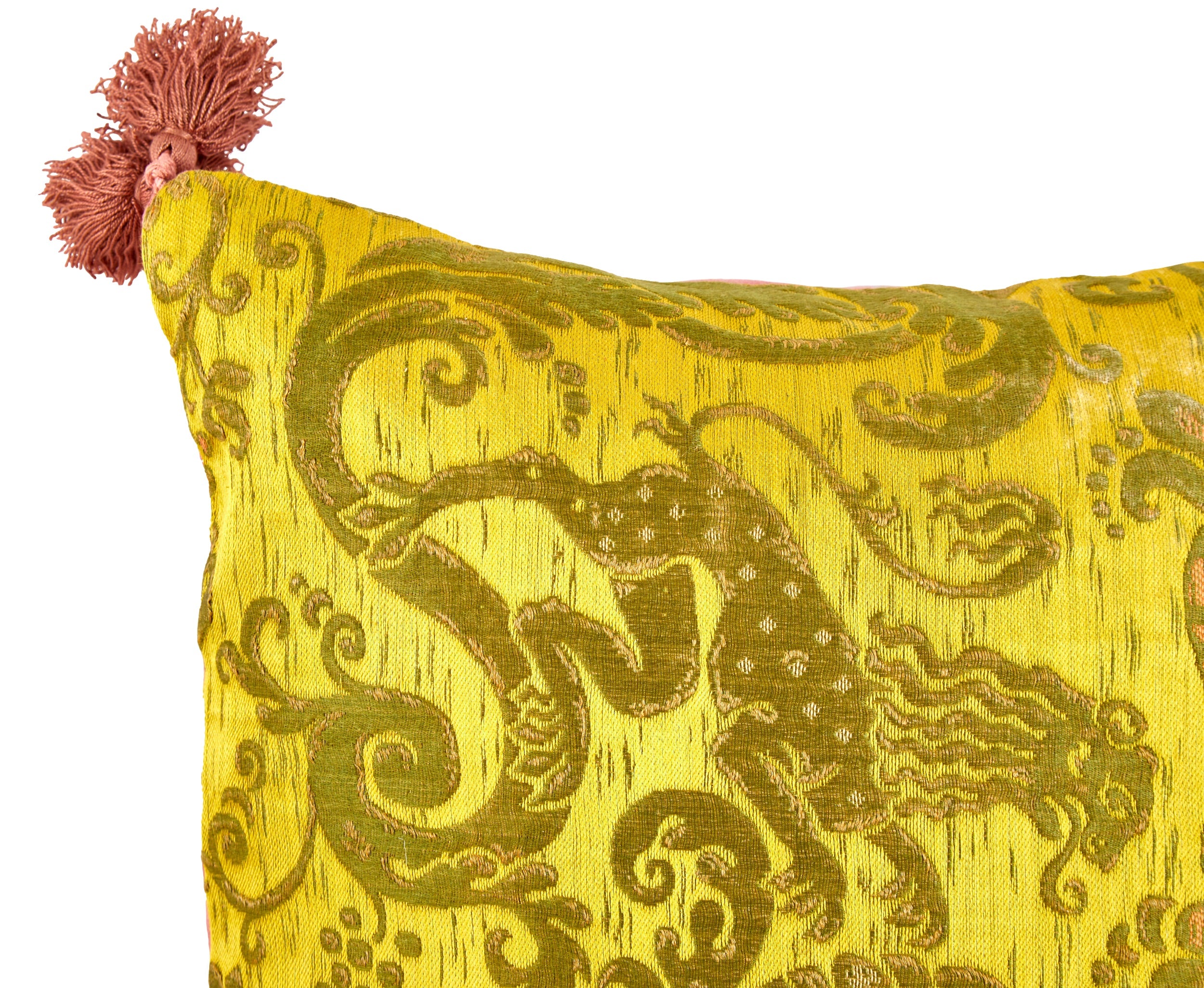 A Pair of Yellow Early 19th Century Italian Silk Brocade Cushions with Antique Rose Silk Tassels