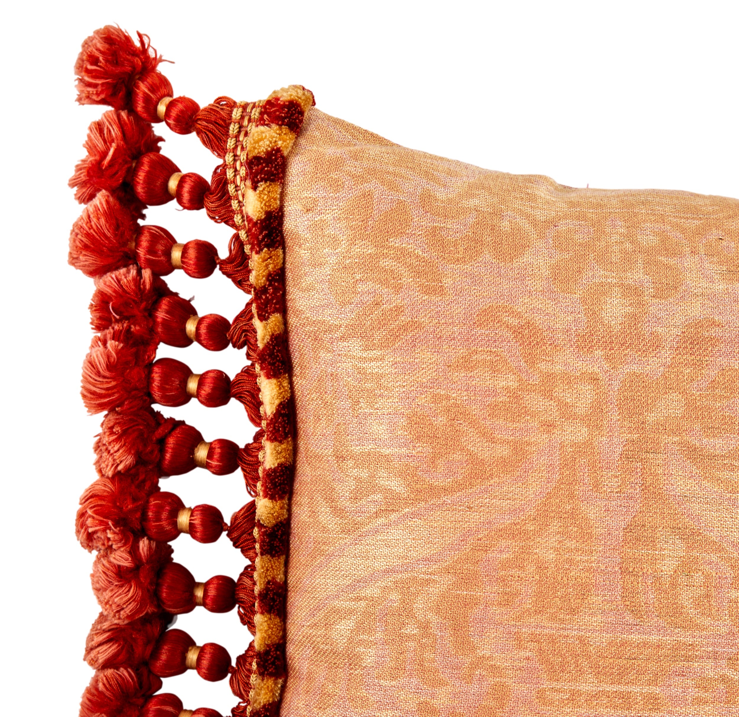 A Cushion made from Early 19th Century Italian Silk Brocade with an Antique Silk Bobble and Tassel Fringe