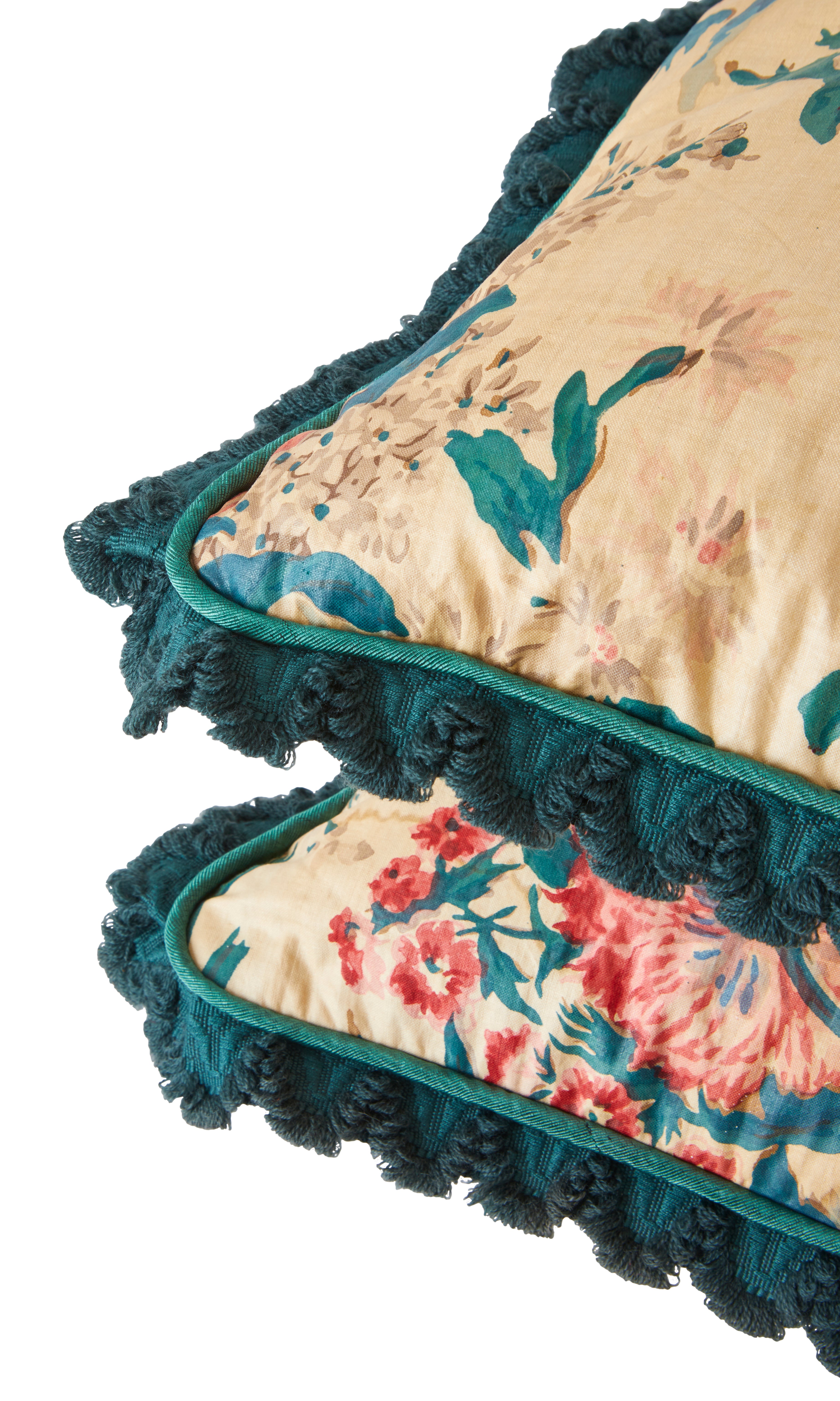 A Pair of Cushions made from 1920's English Glazed Floral Chintz with Moiré Piping and Scallop Fringe
