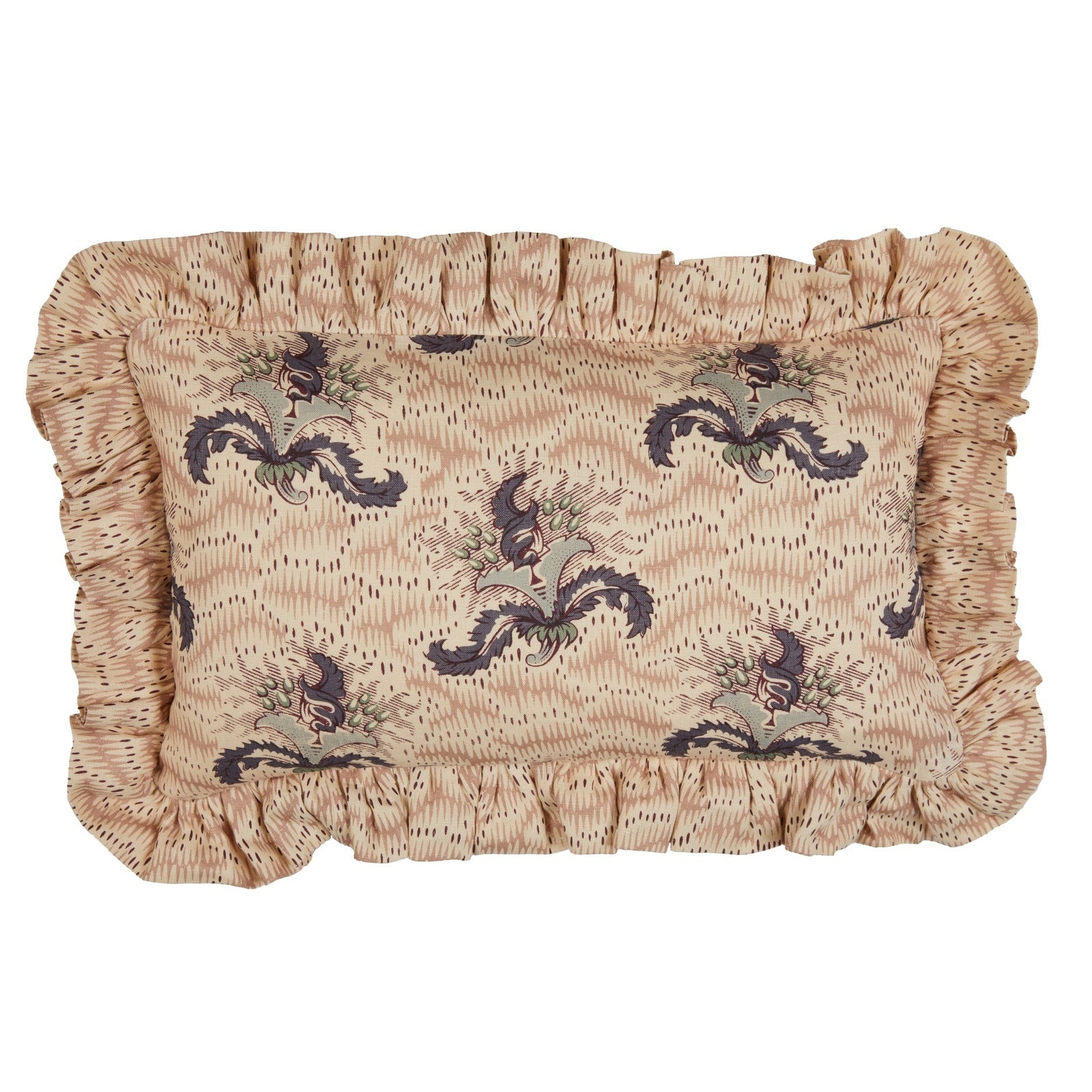 A Daphne Rose and Violet Cushion with a Daphne's Feathers Rose Gathered Frill
