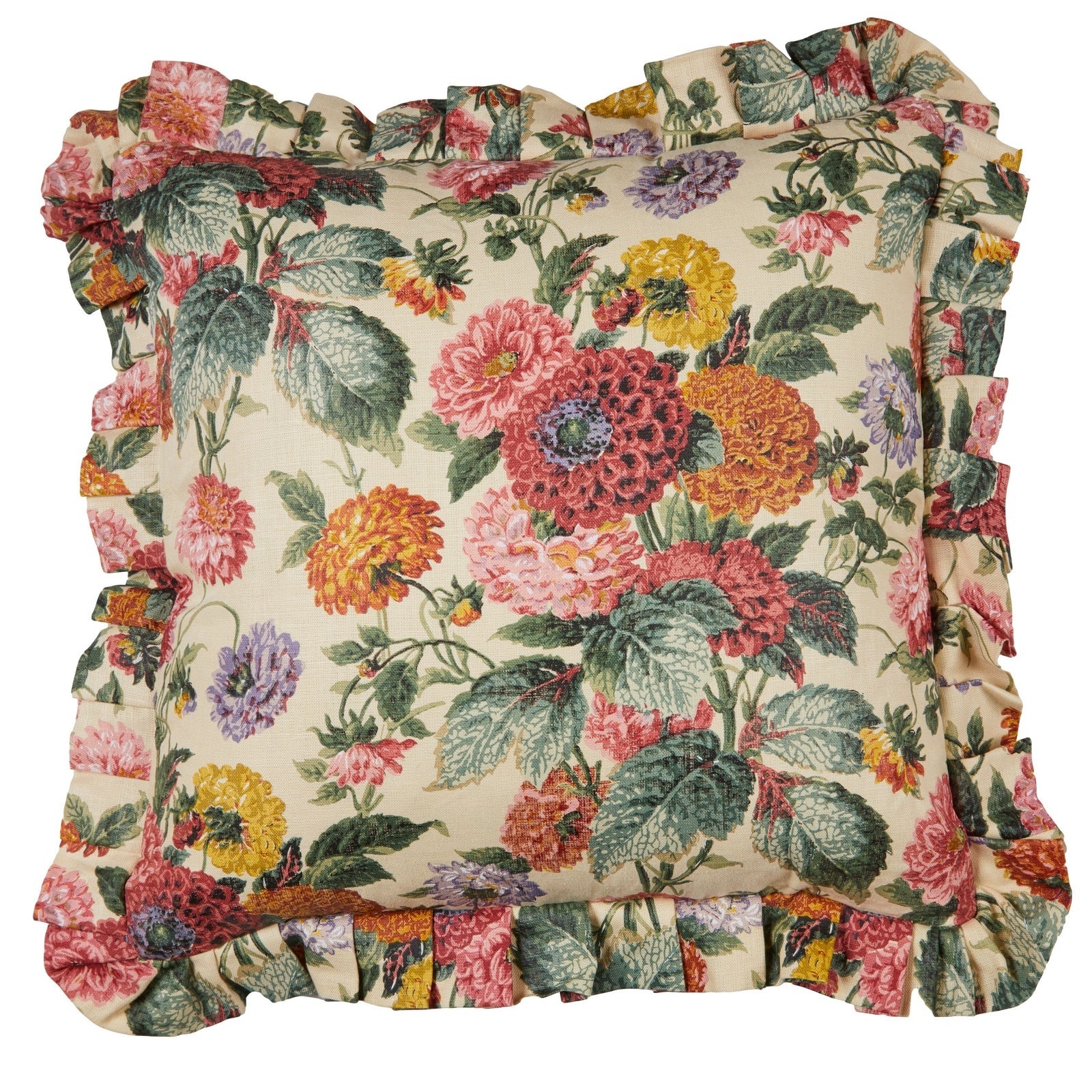 A Dahlias Parchment Cushion with a Pleated Frill