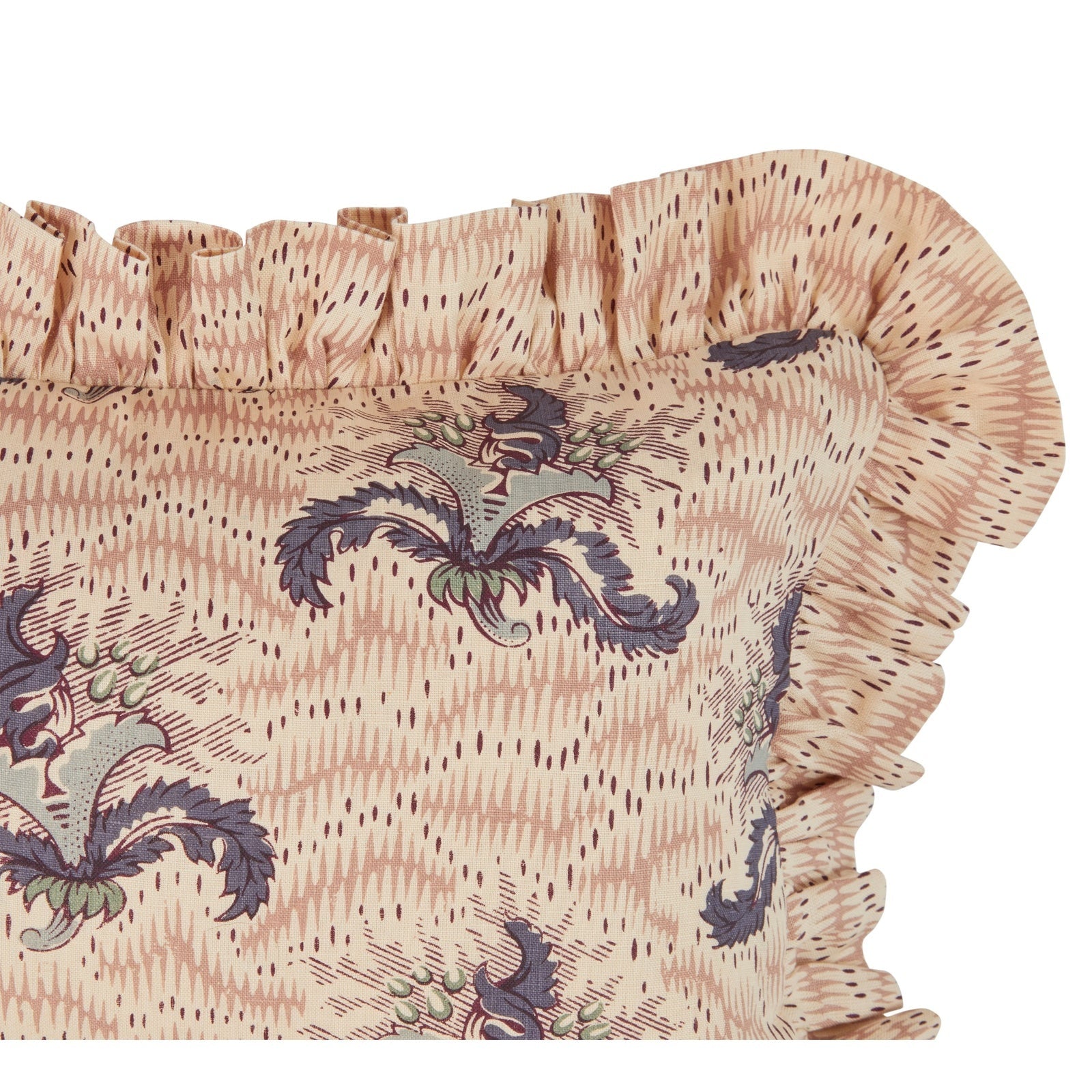A Daphne Rose and Violet Cushion with a Daphne's Feathers Rose Gathered Frill
