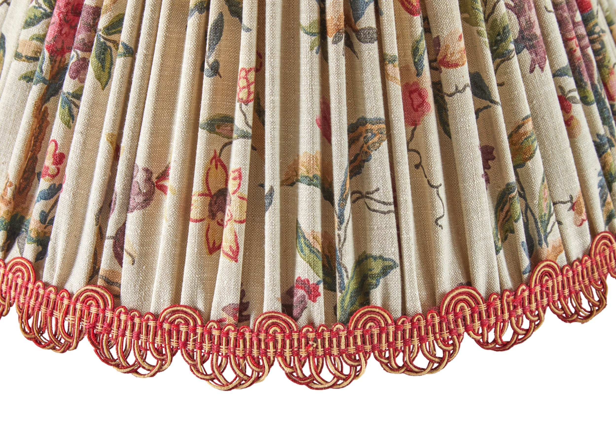 A Gathered Lampshade made from 1920s Floral Printed Linen with French Loop Braid