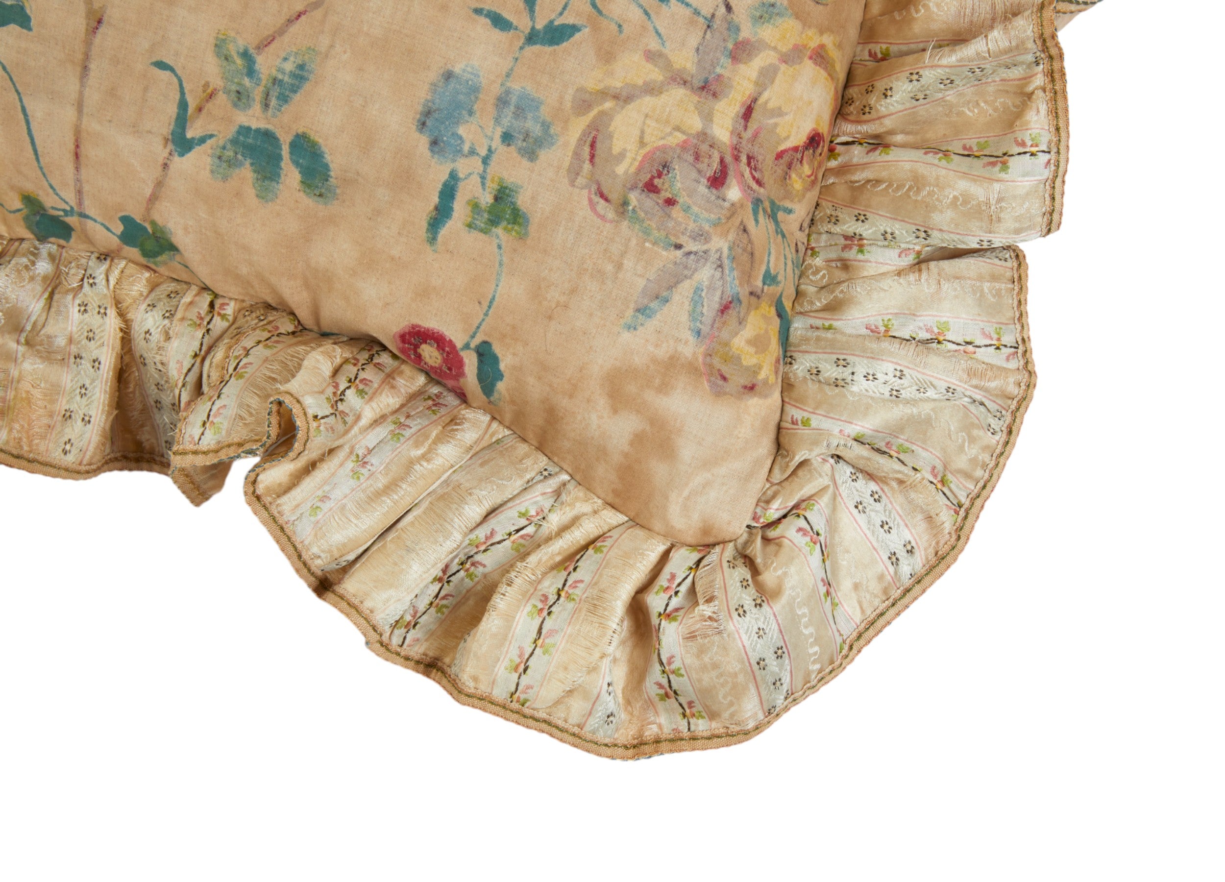 A Pair of Chintz Square Cushions with Antique Brocade Frill