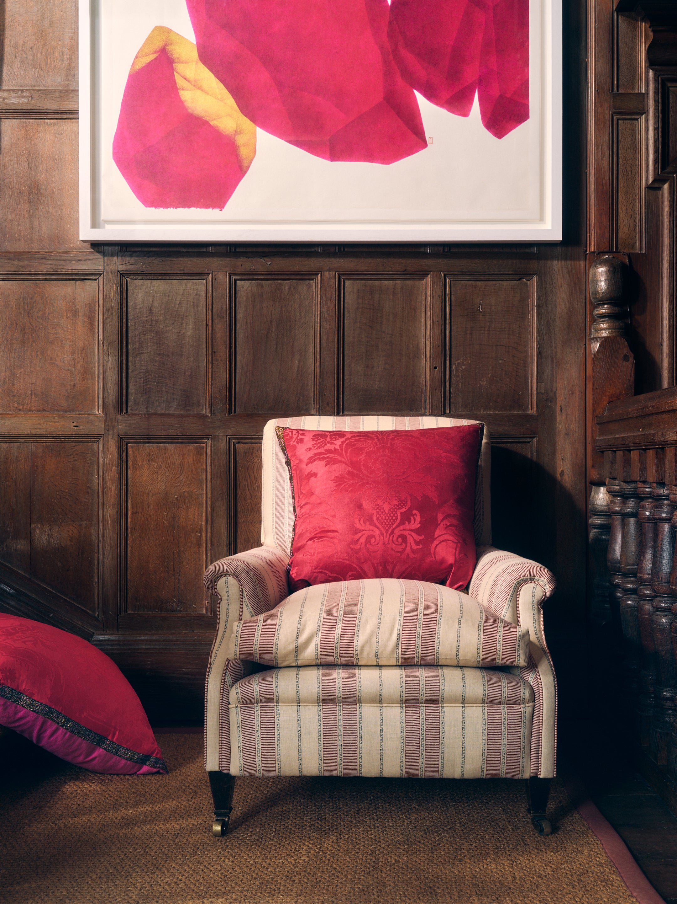 A large Pair of opulent Cranberry Silk 19th Century Damask Cushions with old gold flat braid decoration