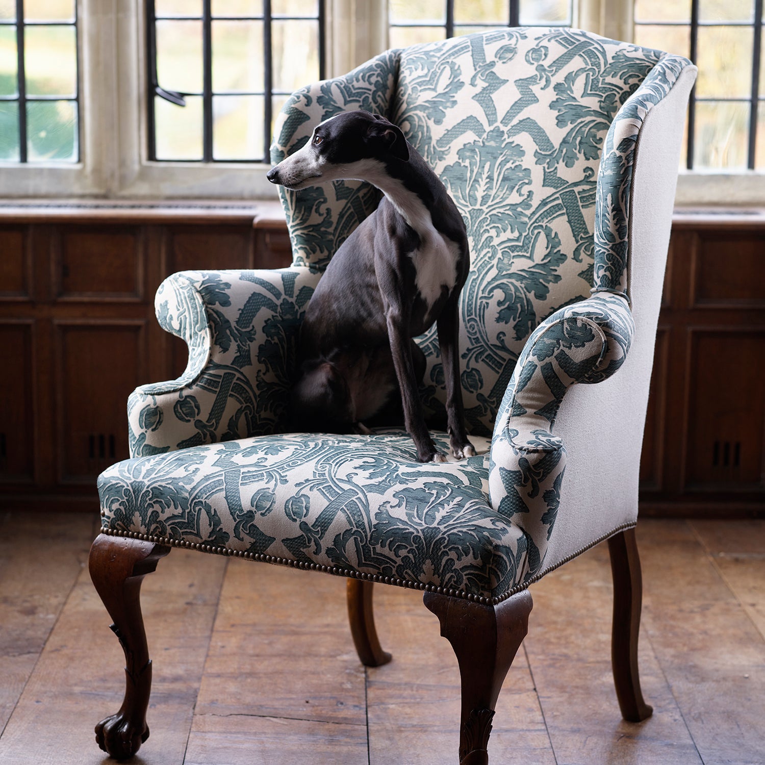 A George II Style Wing Back Chair in Flora Soames Stockton Linen